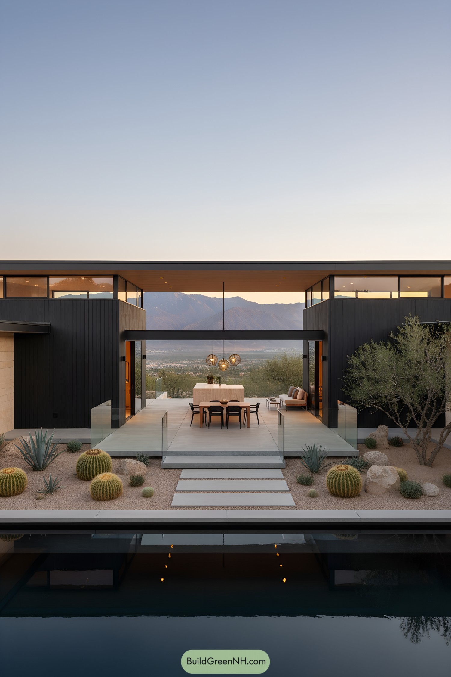 Open-air courtyard modern home with glass bridges and desert landscaping