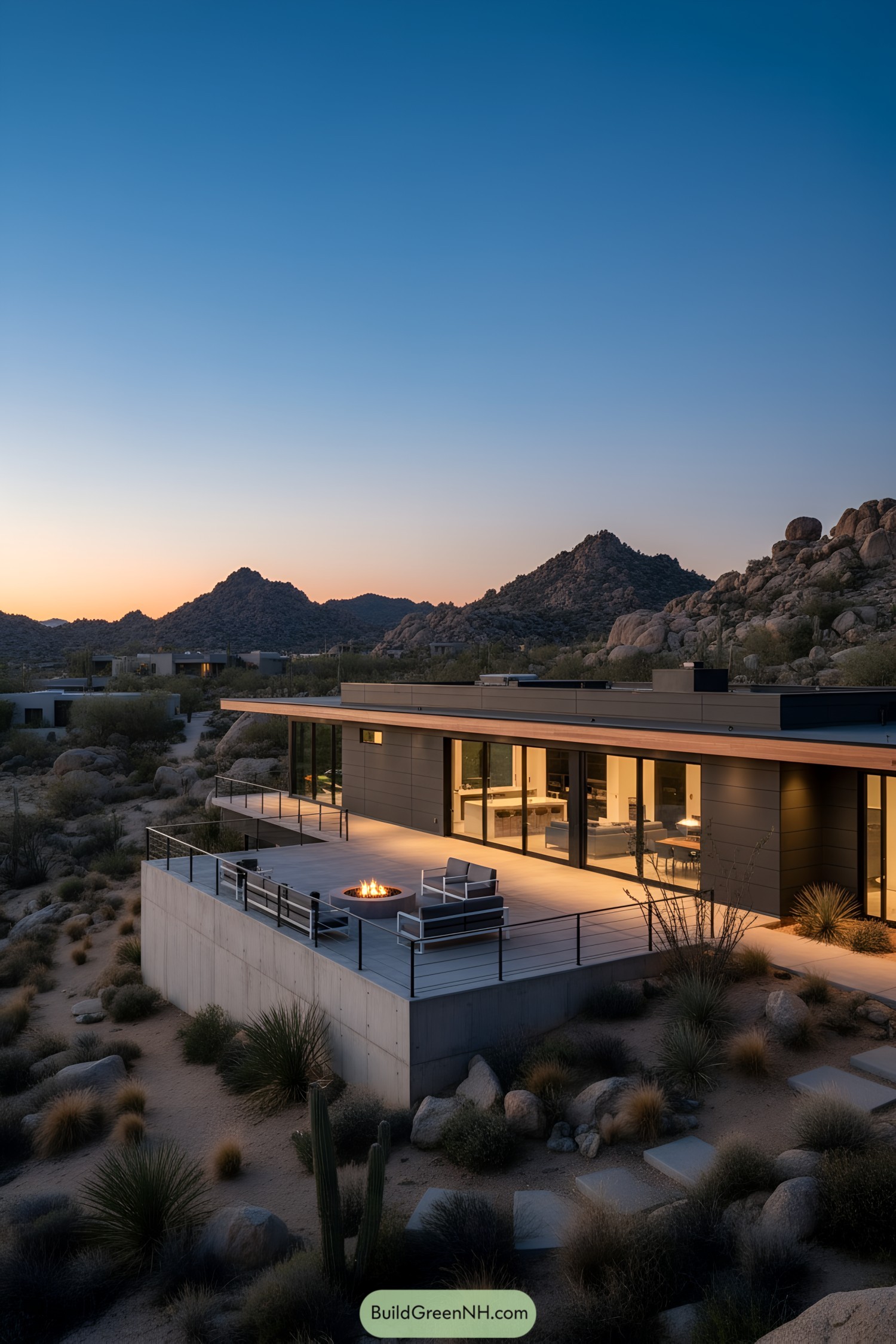 Modern desert home with broad terrace and fire pit at dusk