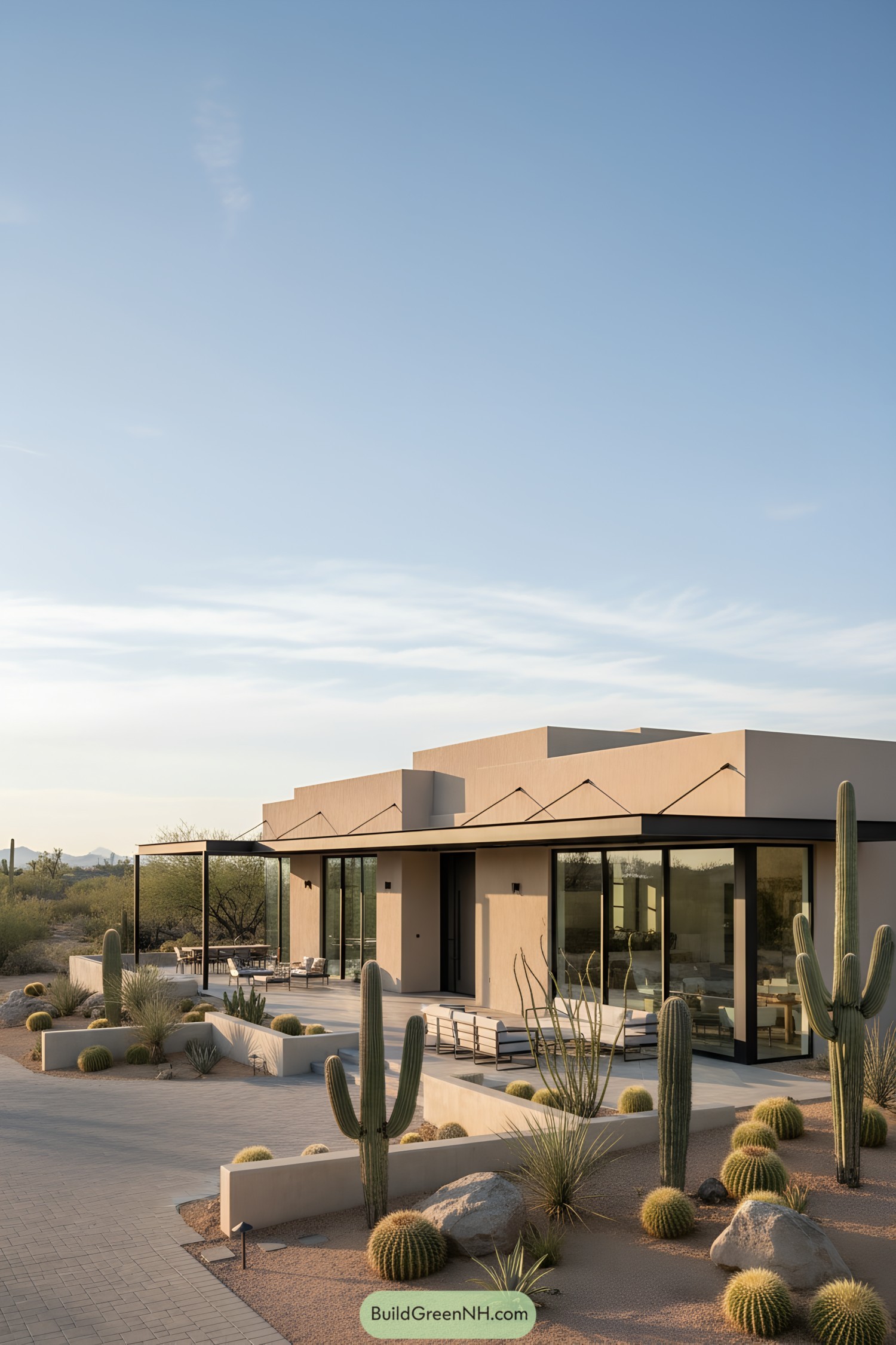 Minimalist desert home with angular roofline and shaded terraces
