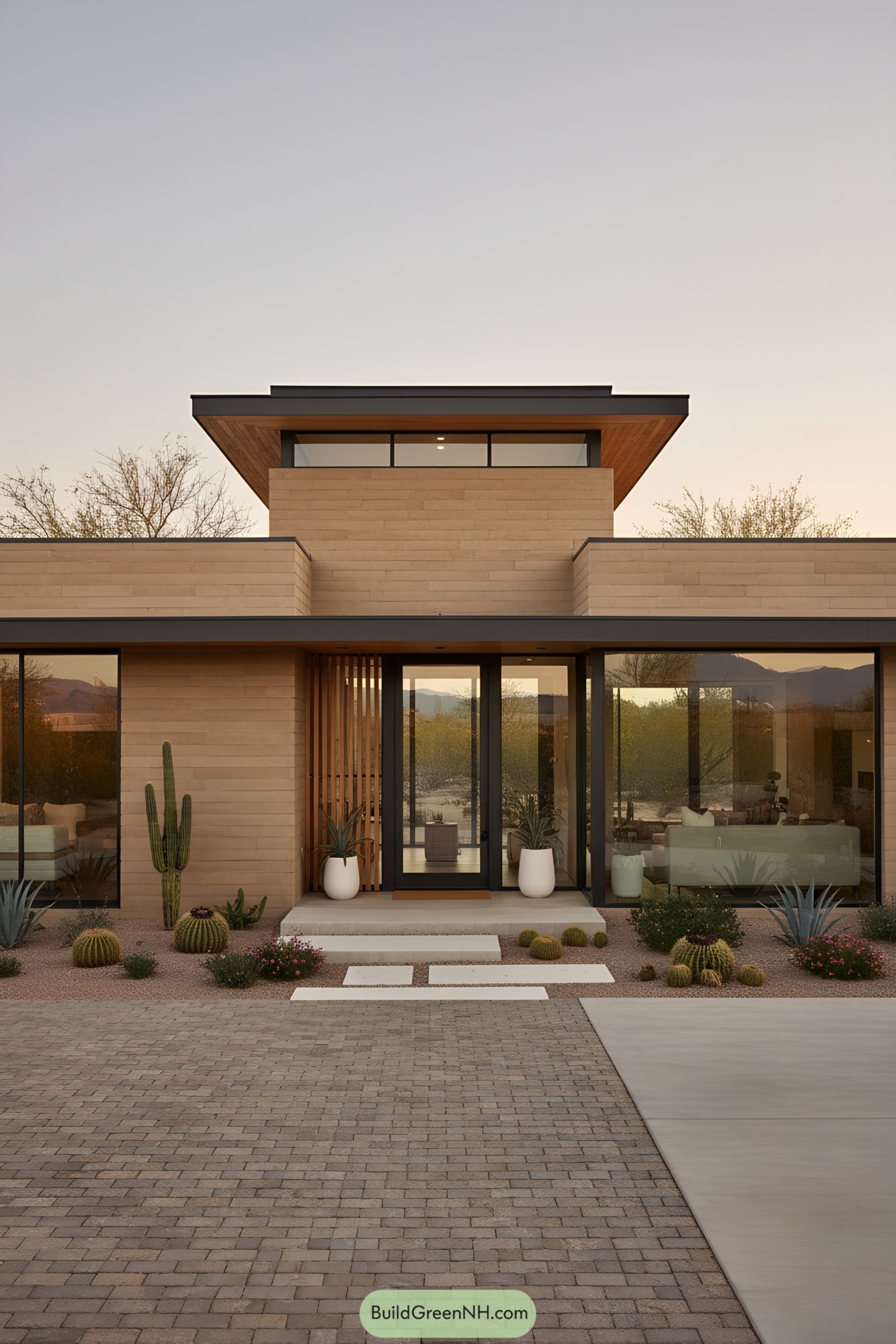Modern desert house with layered sandstone volumes, deep overhangs, and cactus-dotted xeriscape