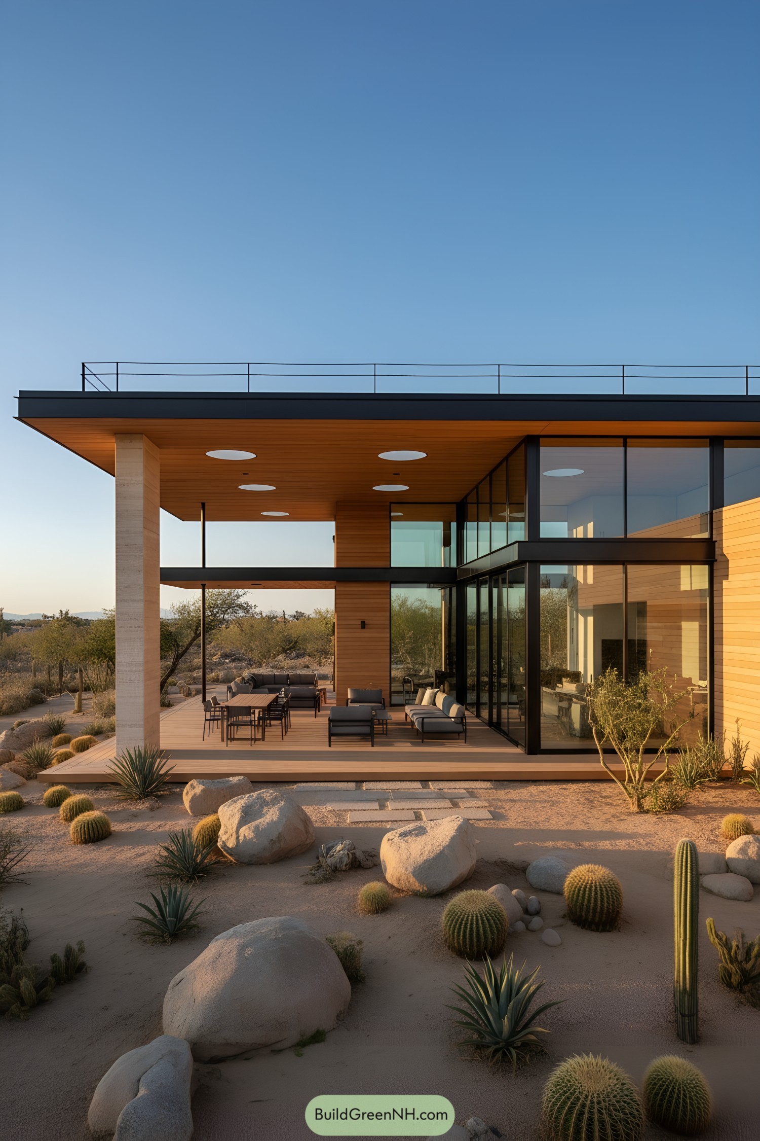 Modern desert house with glass walls, deep overhang, and cacti-scattered yard