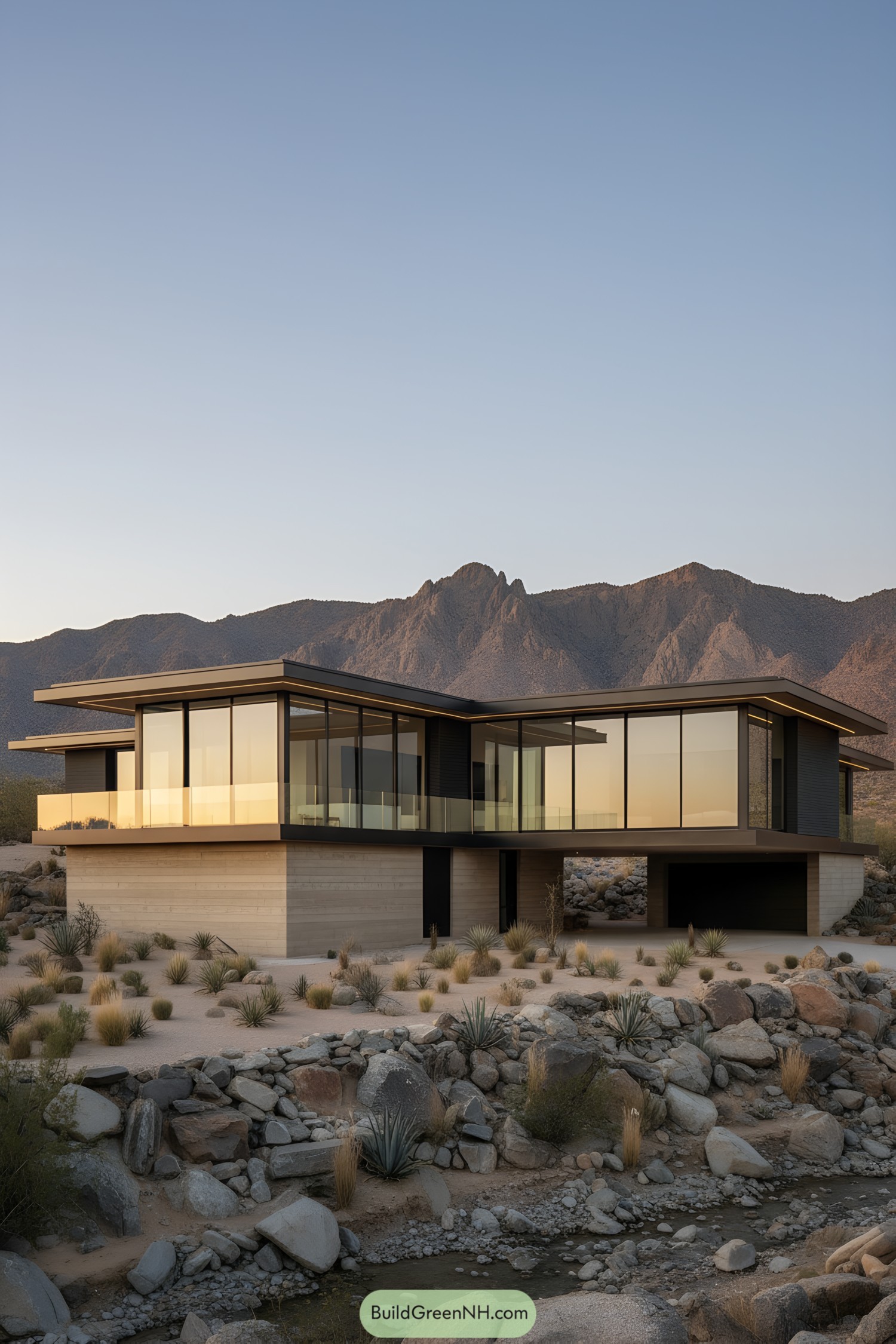 Modern glass-and-steel desert house at dusk
