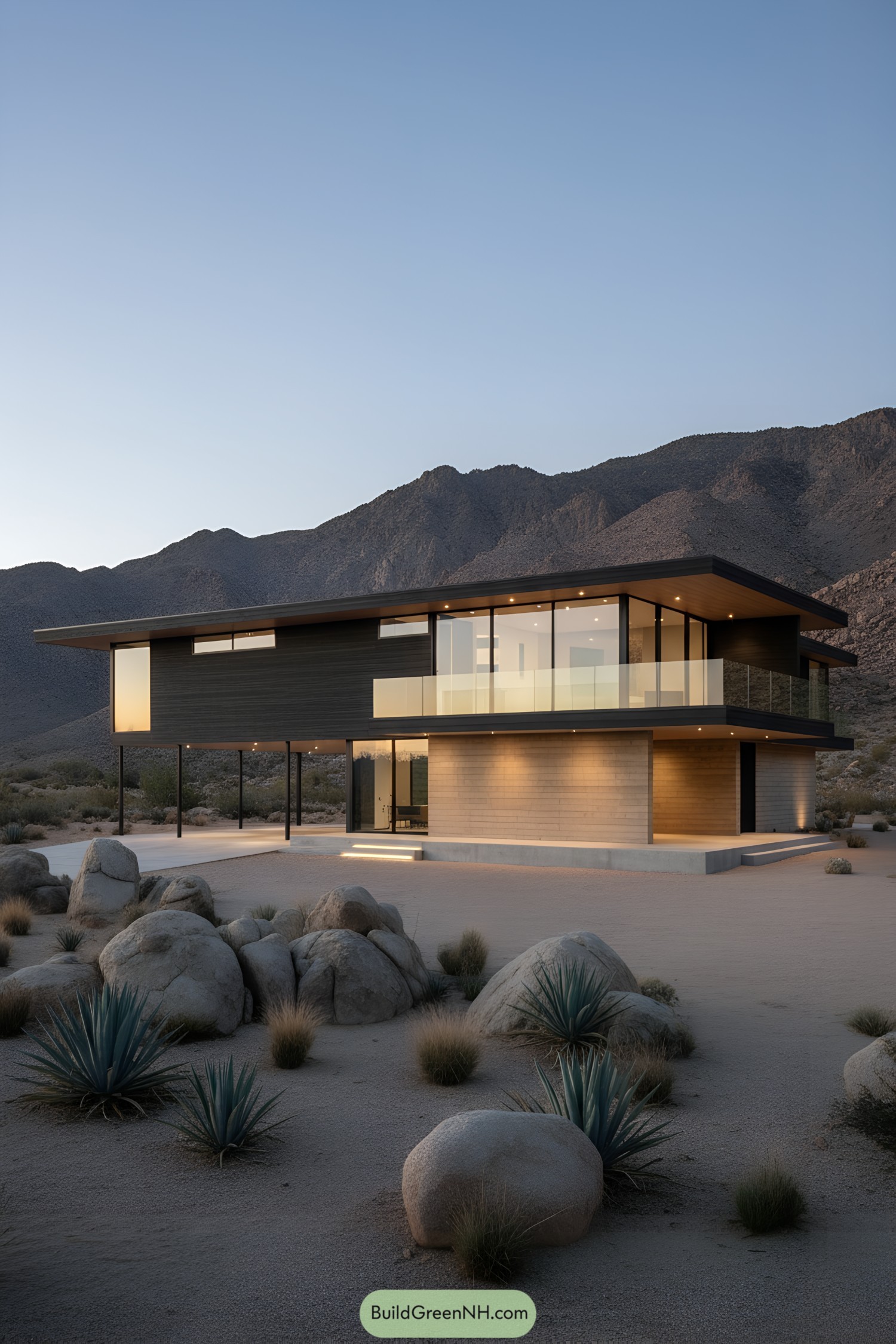 Two-story desert home with deep overhangs and wraparound glazing set against rocky mountains