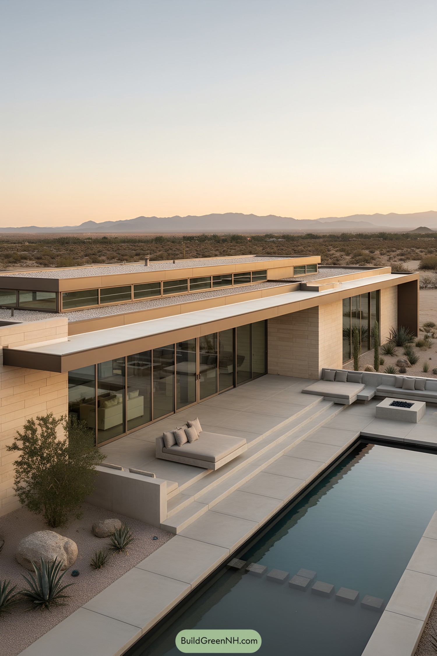 Low desert modern home with long flat roof, glass walls, and a narrow reflecting pool