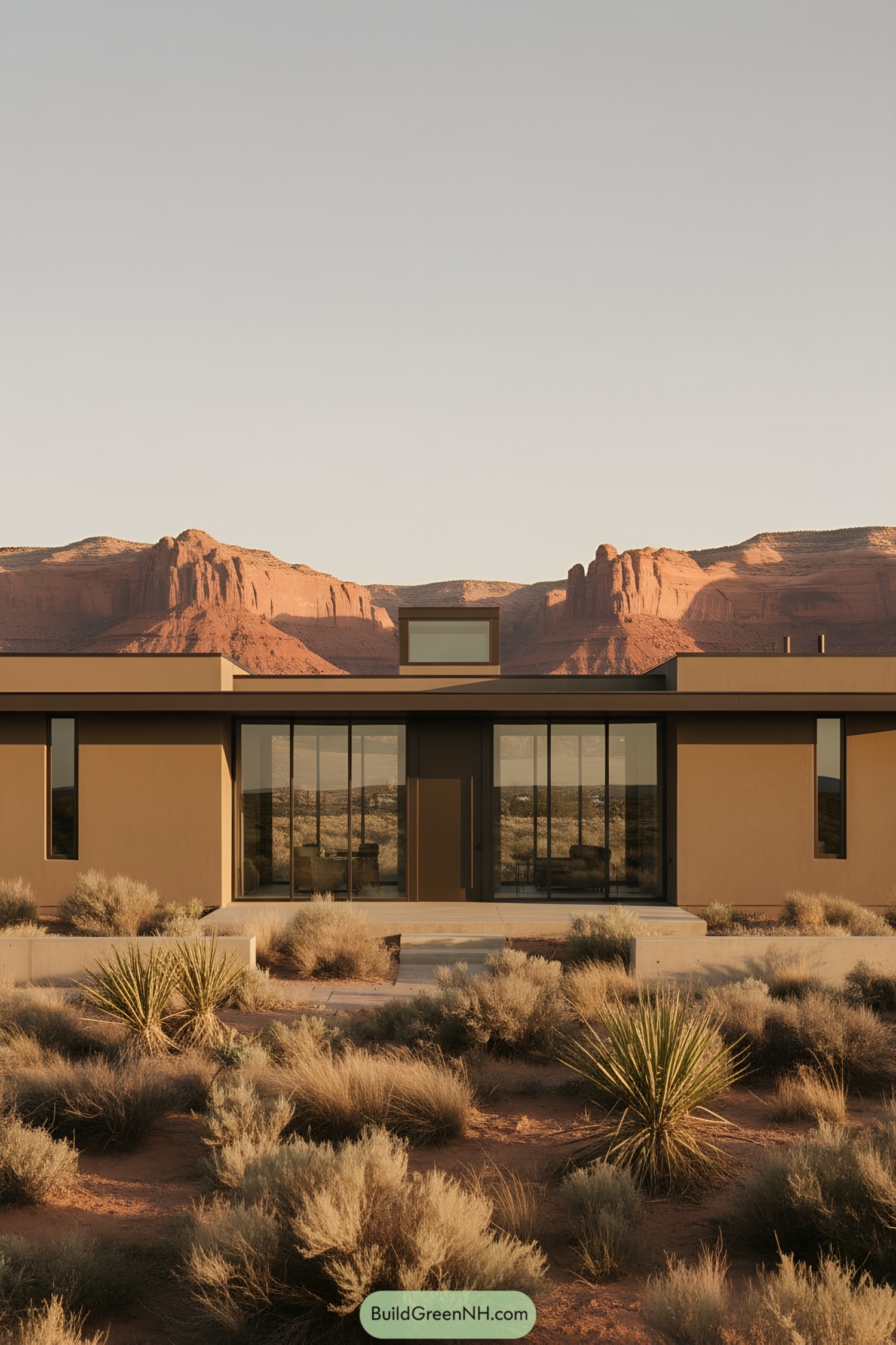 Flat-roof desert home with tall glass