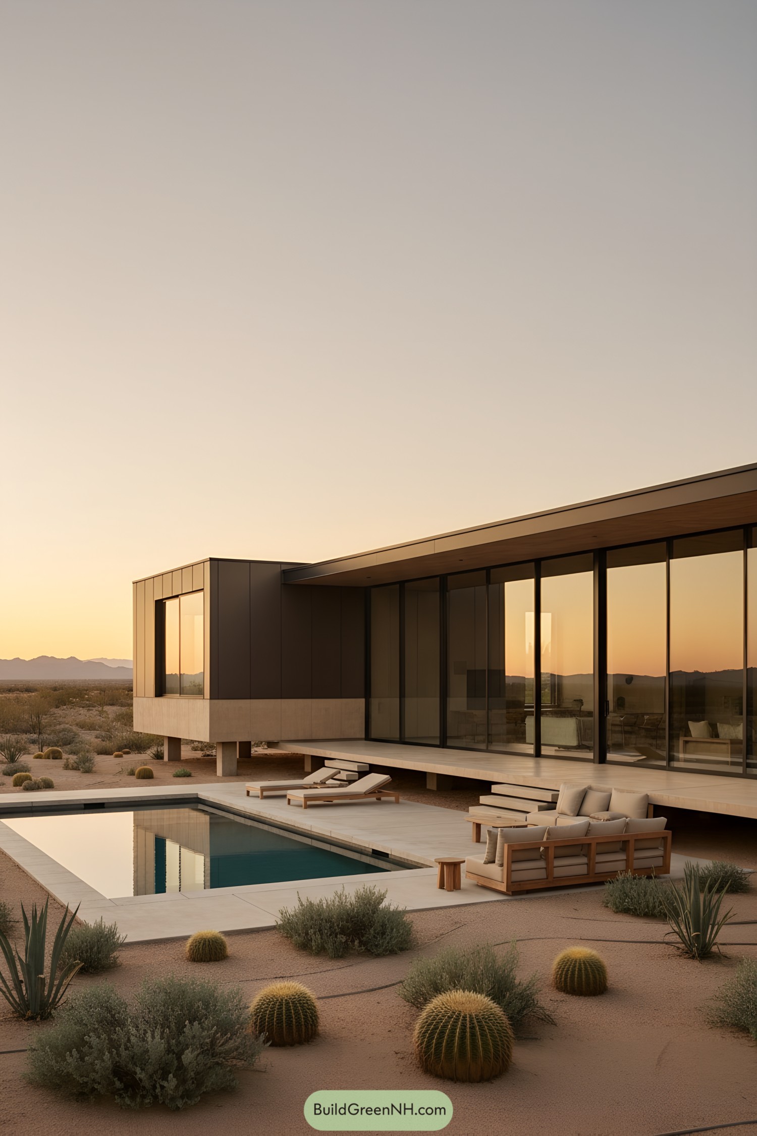 Minimalist desert home with pool at sunset