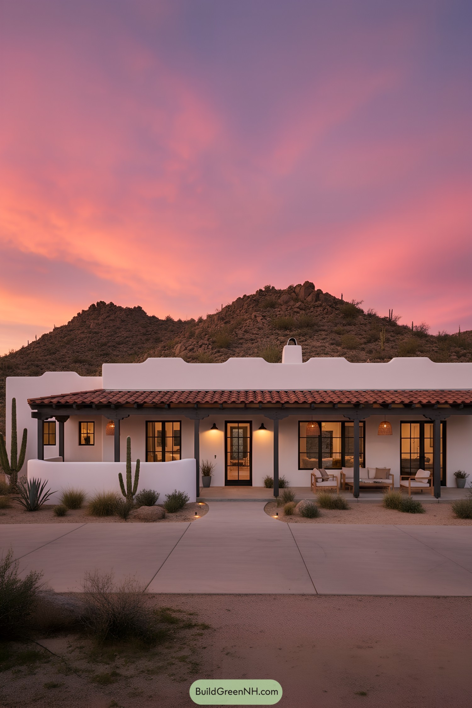 White stucco ranch with terracotta-tiled porch at sunset, framed by cacti and low desert hills