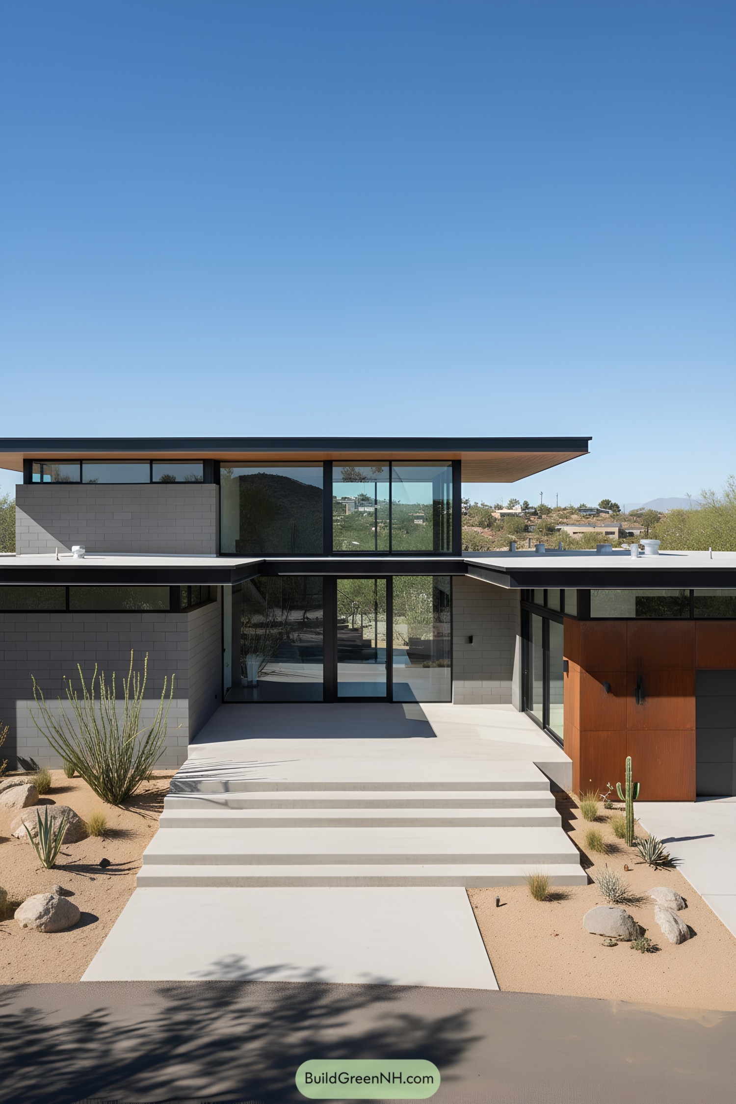 Flat-roof modern house with deep overhangs, glass walls, and desert landscaping