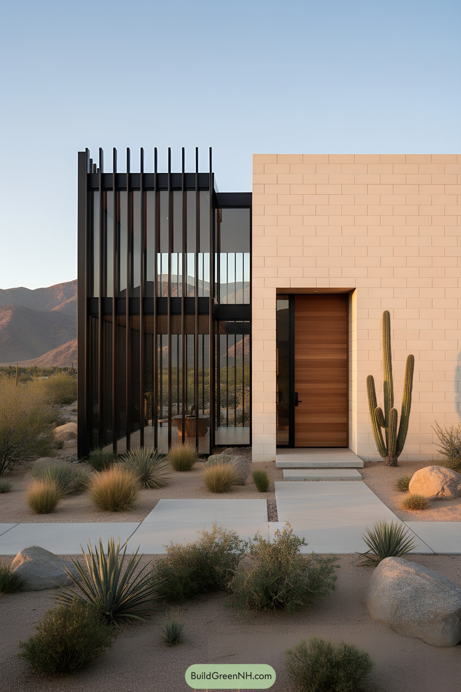 Modern desert house with vertical louvers, glass corner, and pale block wall beside cactus