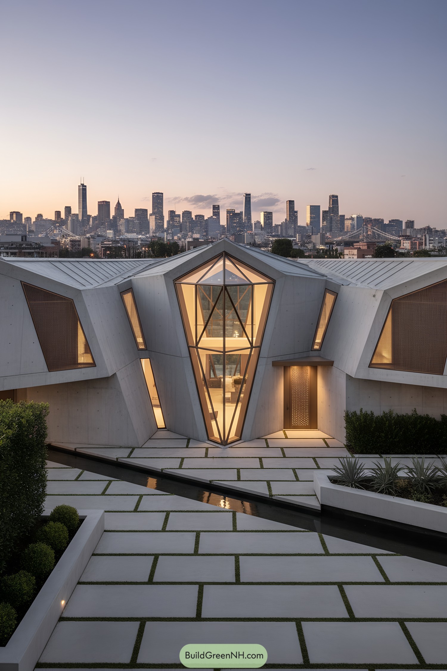 Angular concrete home with faceted glass atrium