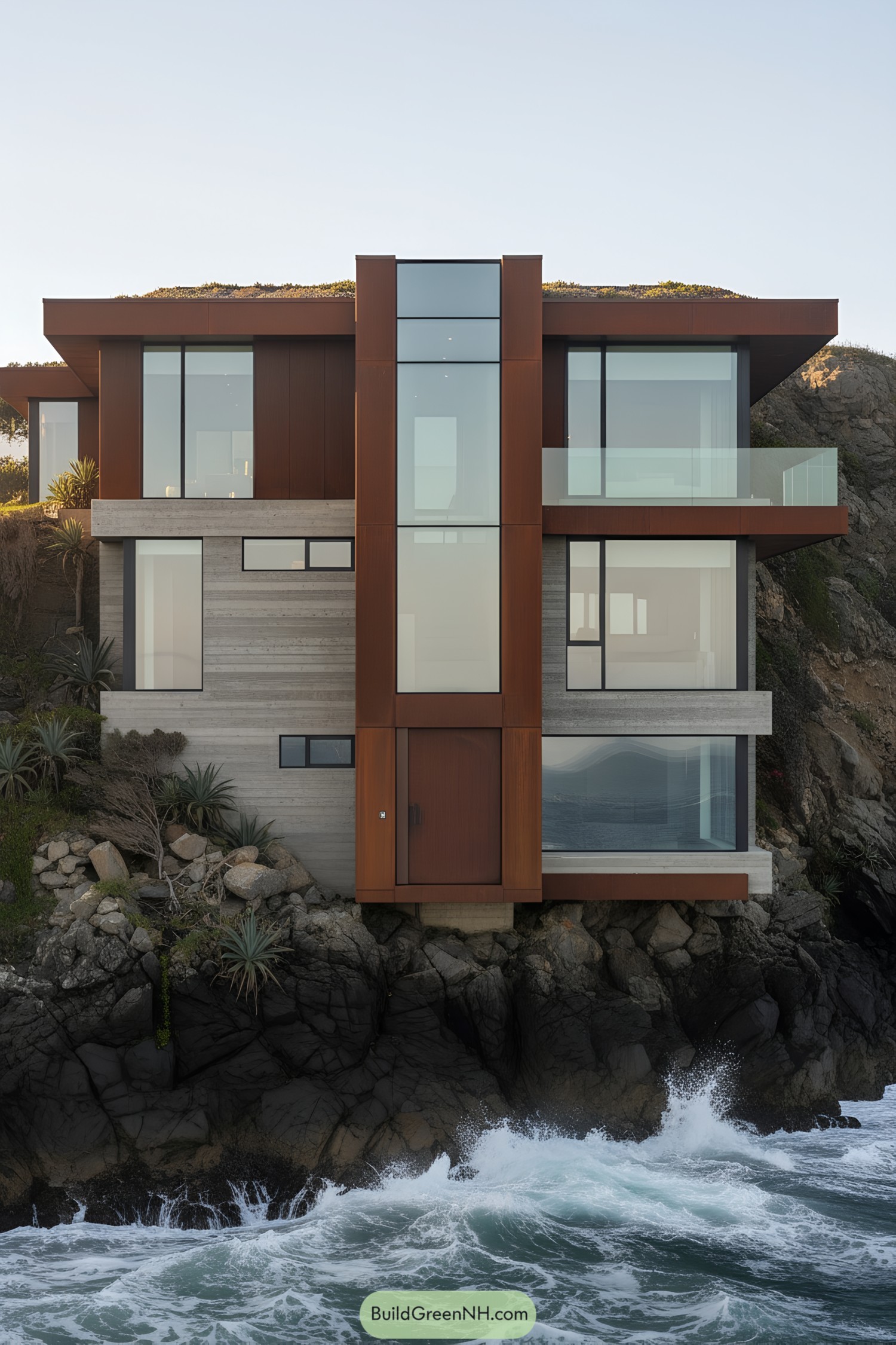 Modern cliffside house with central glass atrium and rust-toned panels above crashing surf