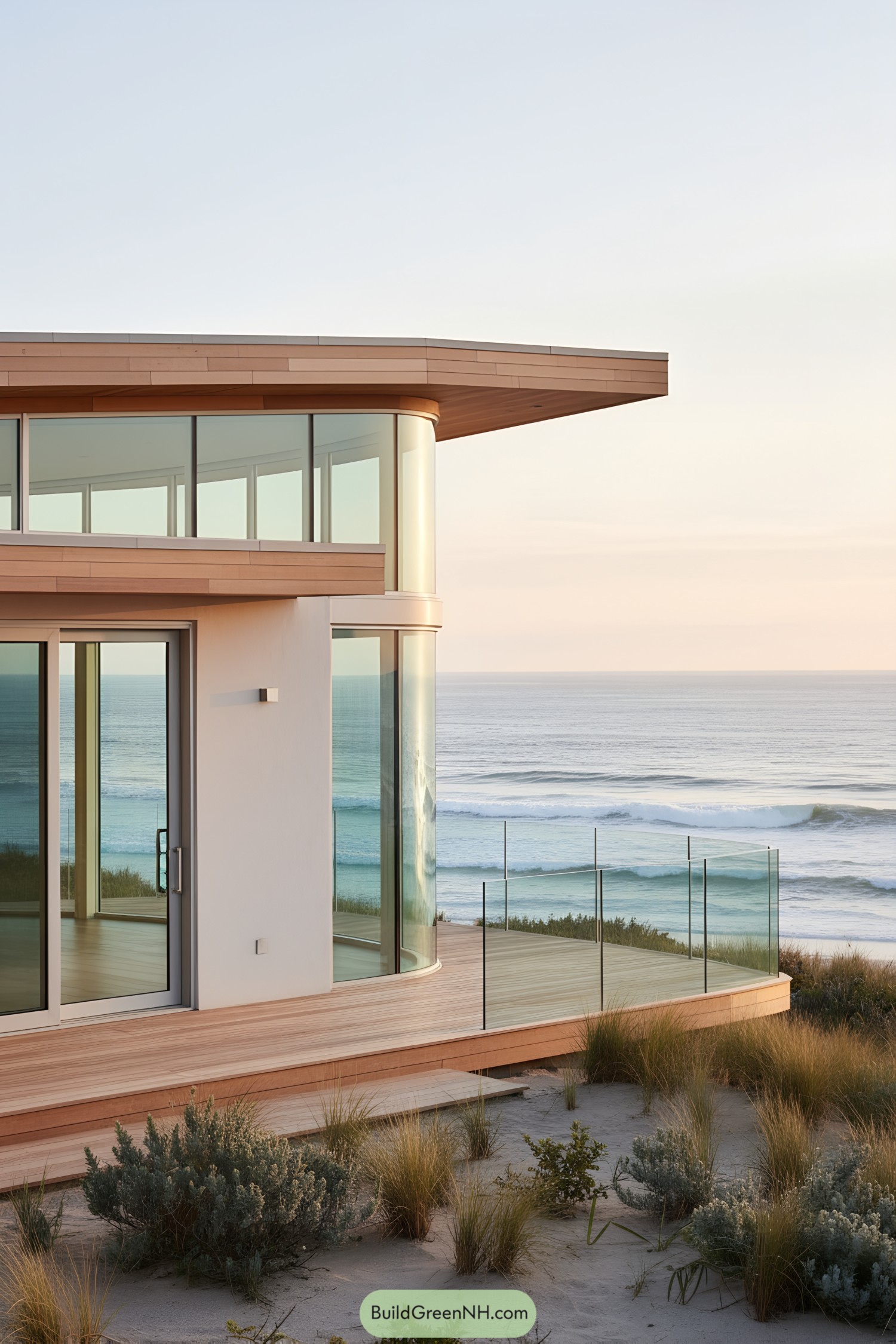 Modern coastal house with curved glass atrium and wood deck by the ocean