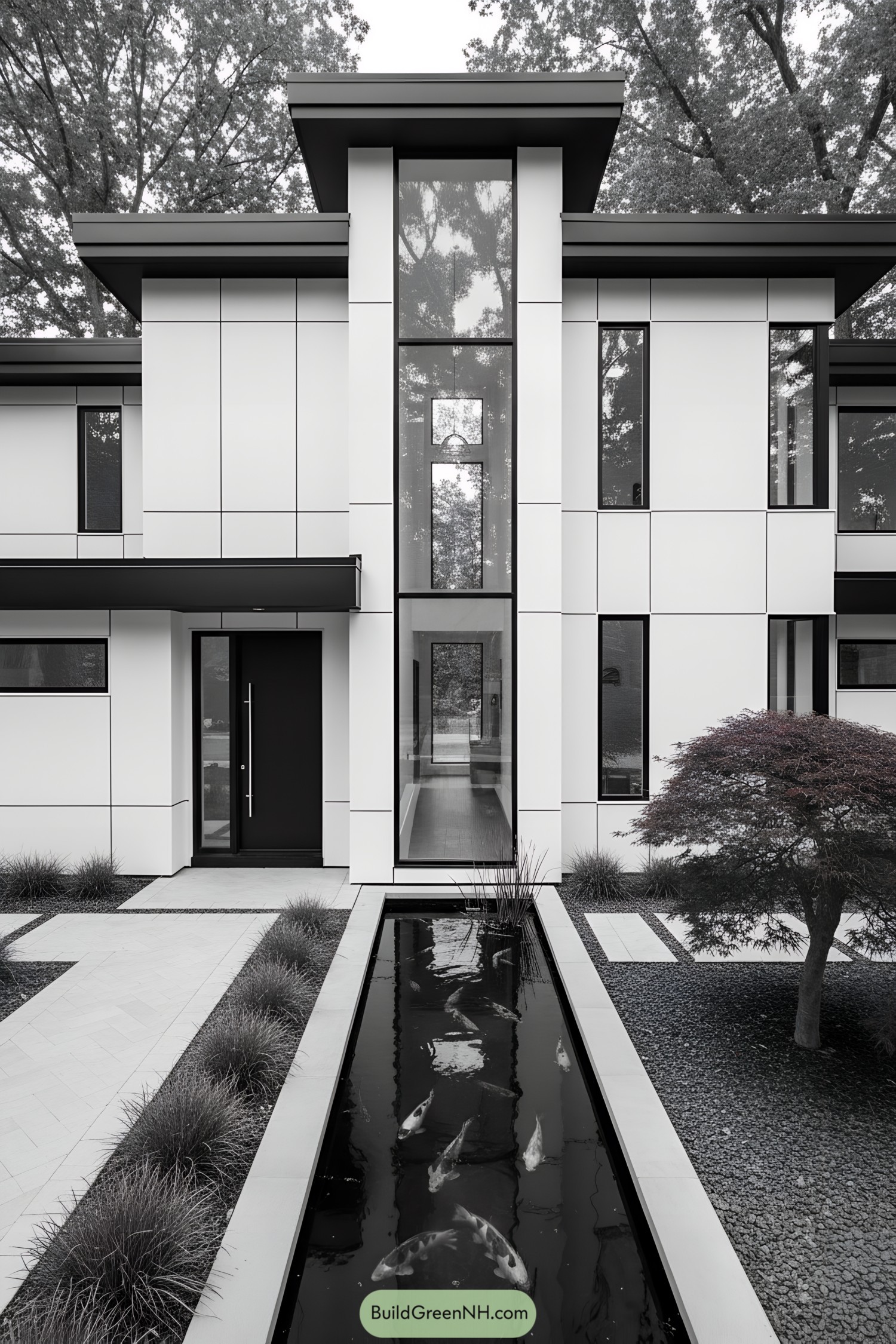 Modern white facade with tall glass atrium and koi pond entry