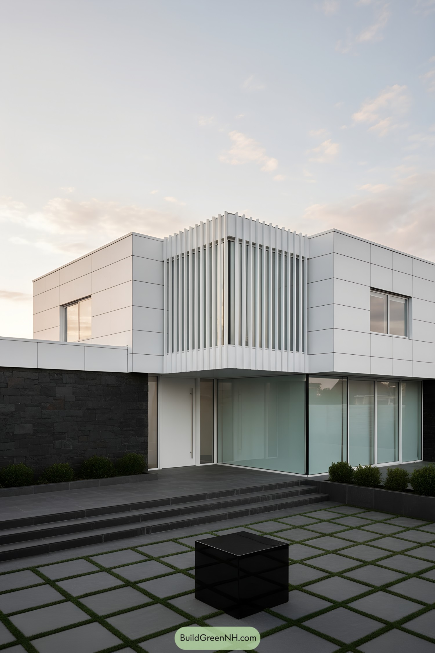 Minimalist white villa with louvered glass atrium and gridded stone courtyard