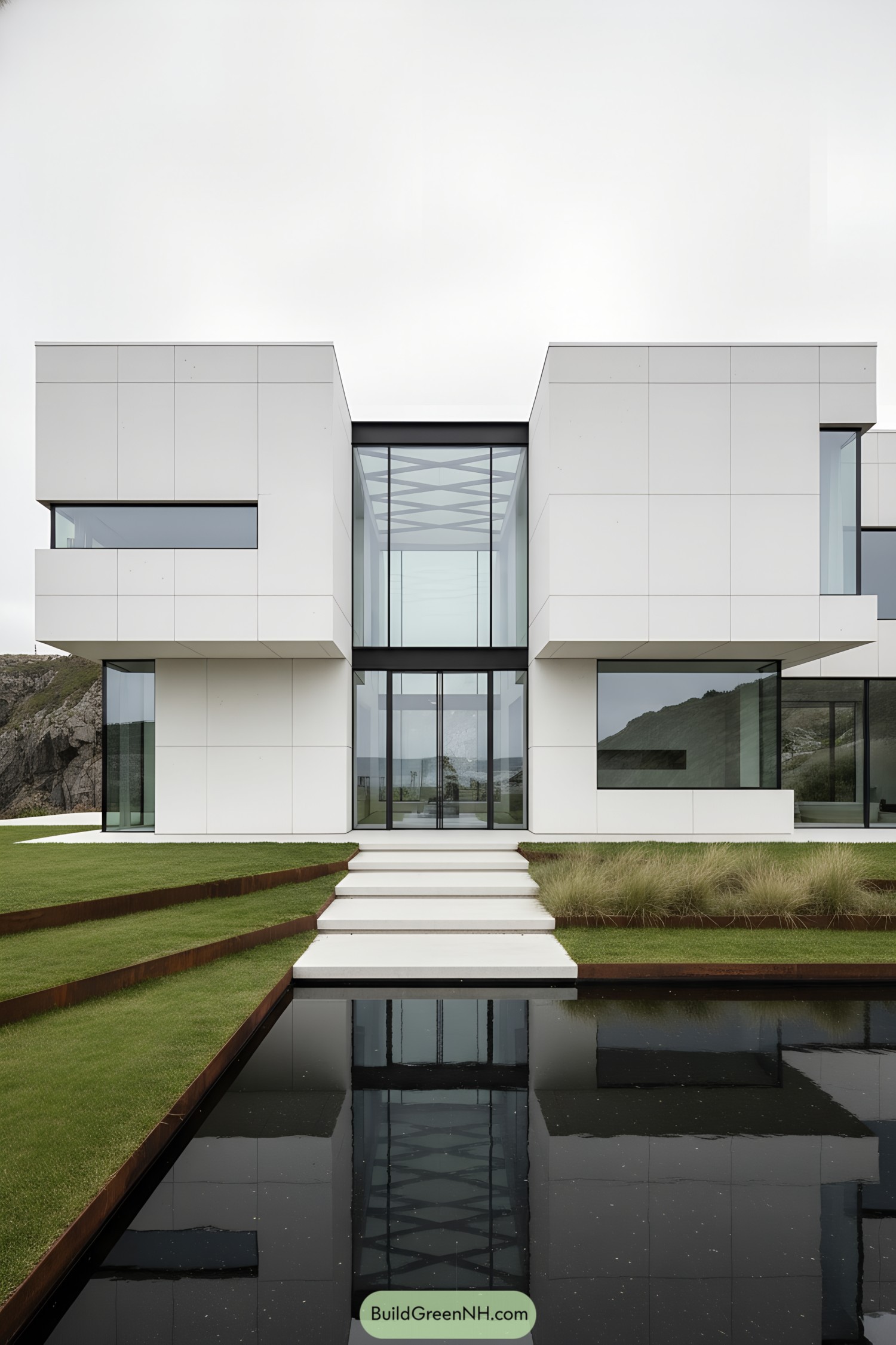 Minimalist white villa with glass atrium and reflecting pool