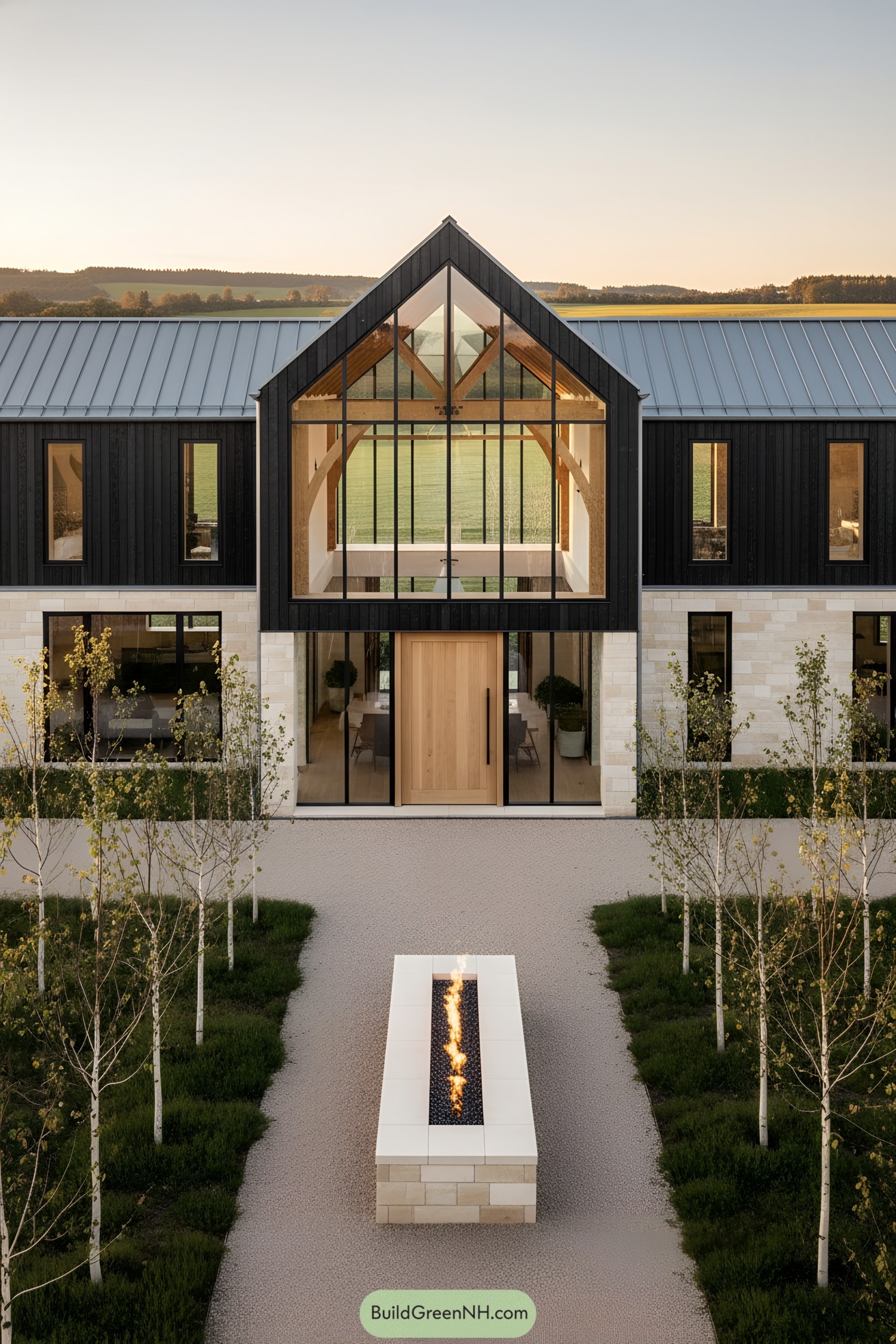 Modern farmhouse with glass atrium and courtyard fire feature