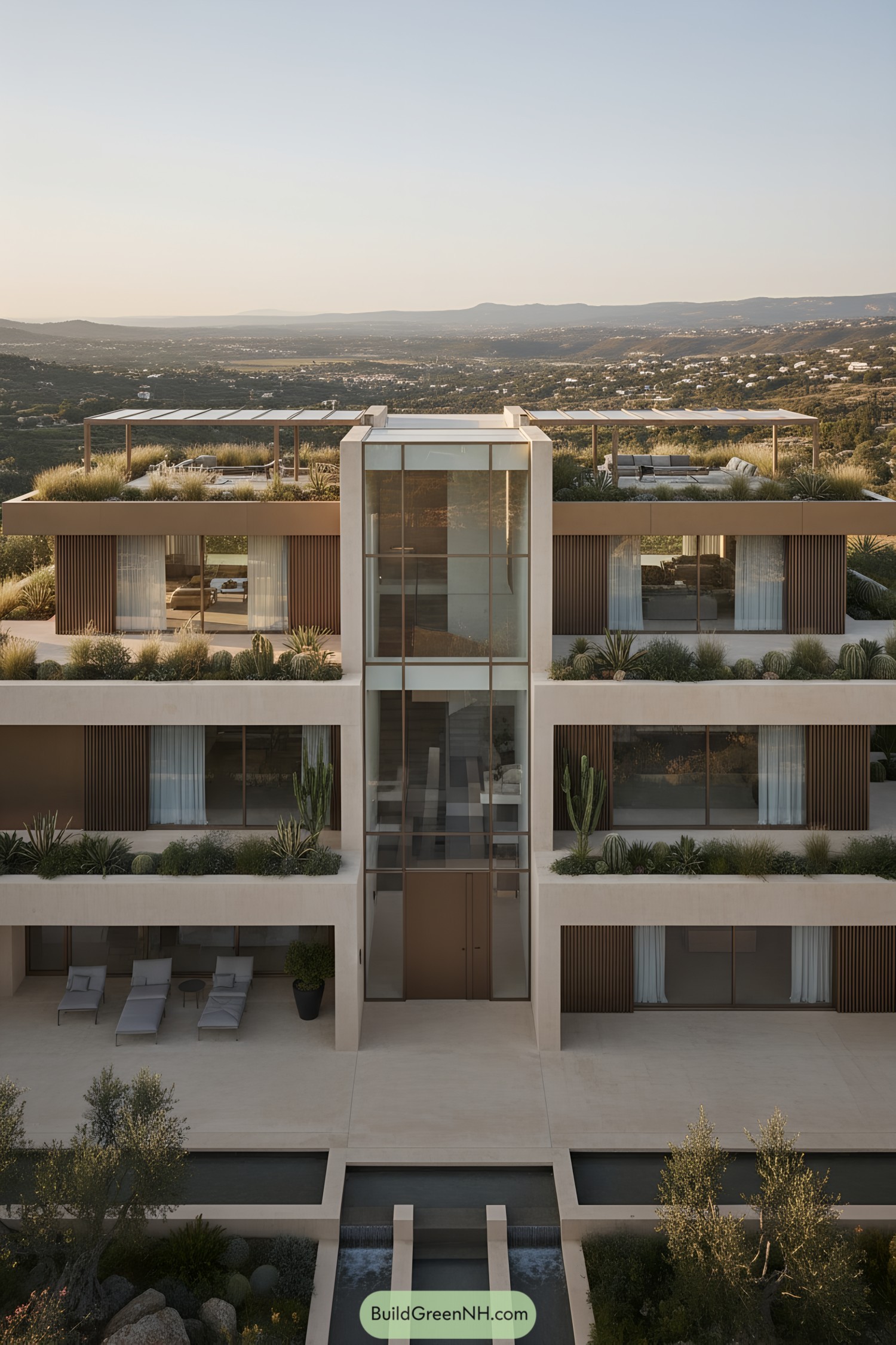 Modern hillside villa with central glass atrium and planted terraces