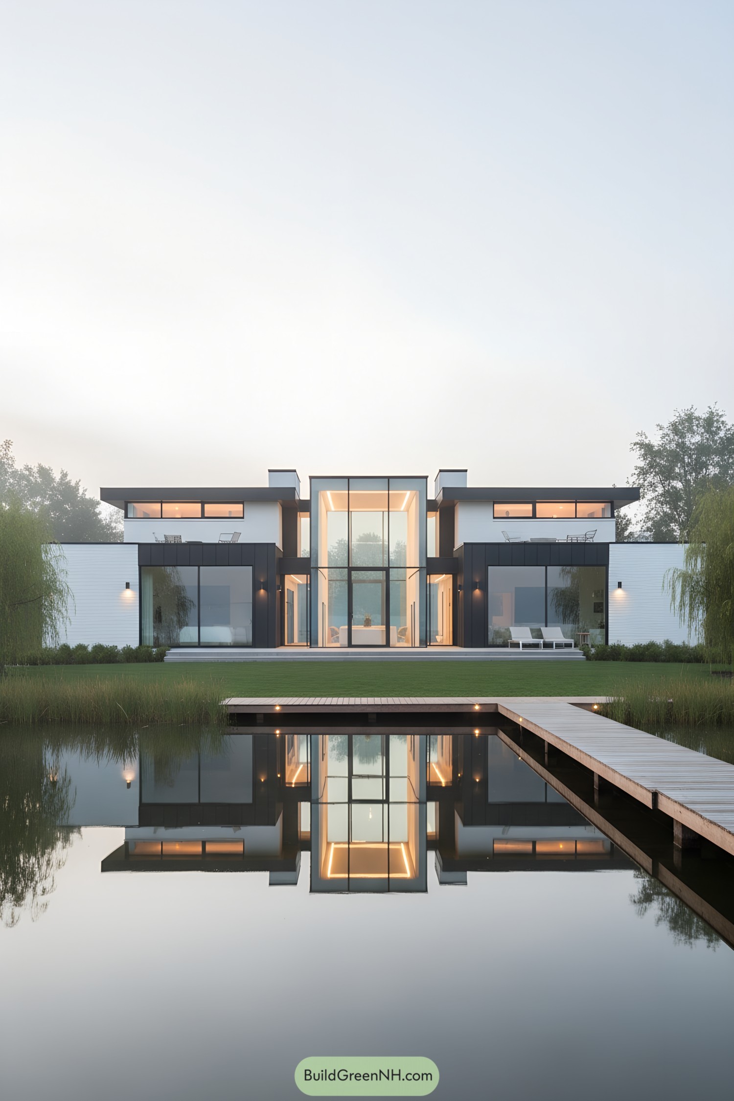 Modern lakeside home with central glass atrium reflecting on still water