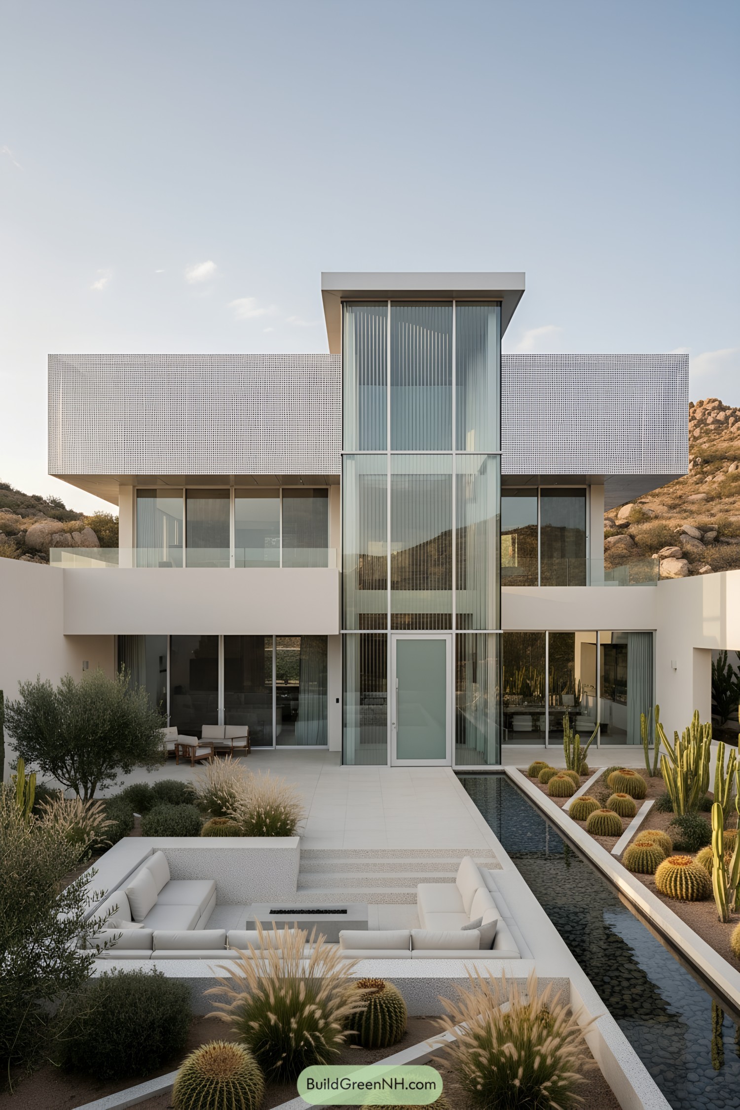 Modern glass atrium house with cactus courtyard