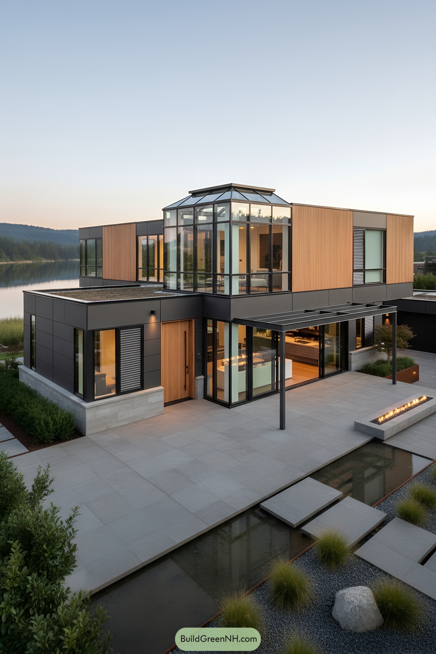 Modern home with glass atrium and lakefront patio
