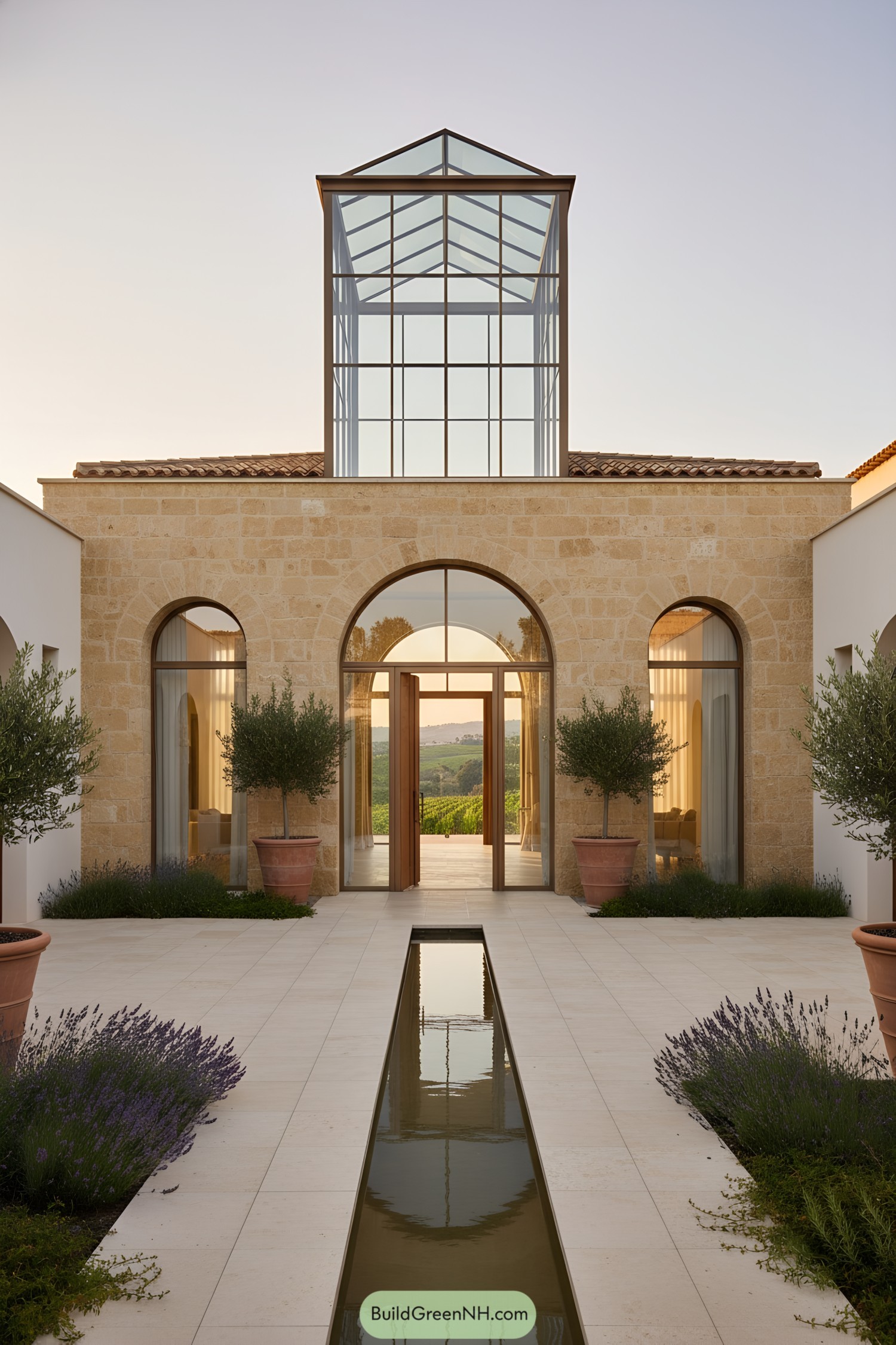 Stone courtyard with central rill and glass atrium tower