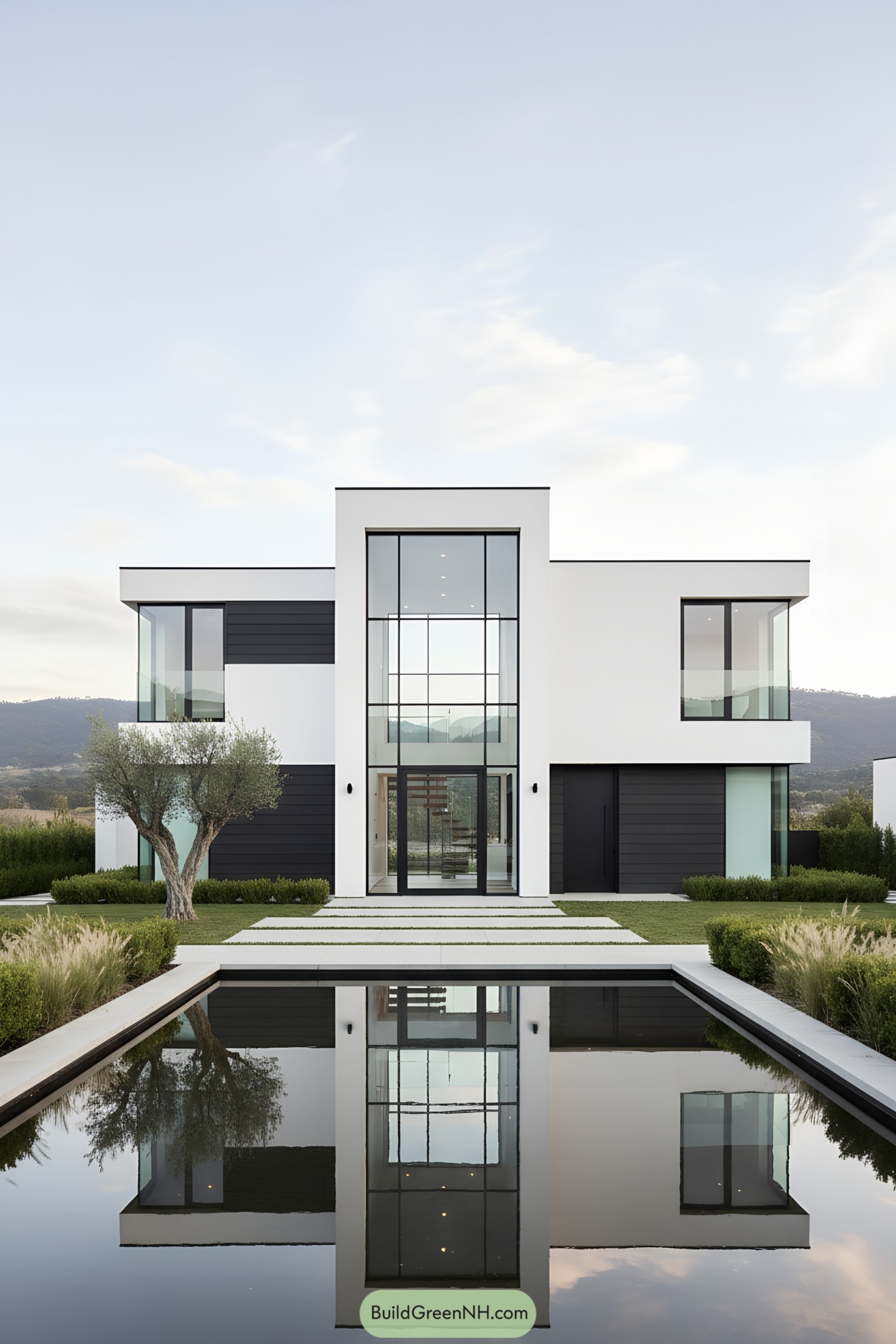 White cubic home with tall glass atrium and reflecting pool