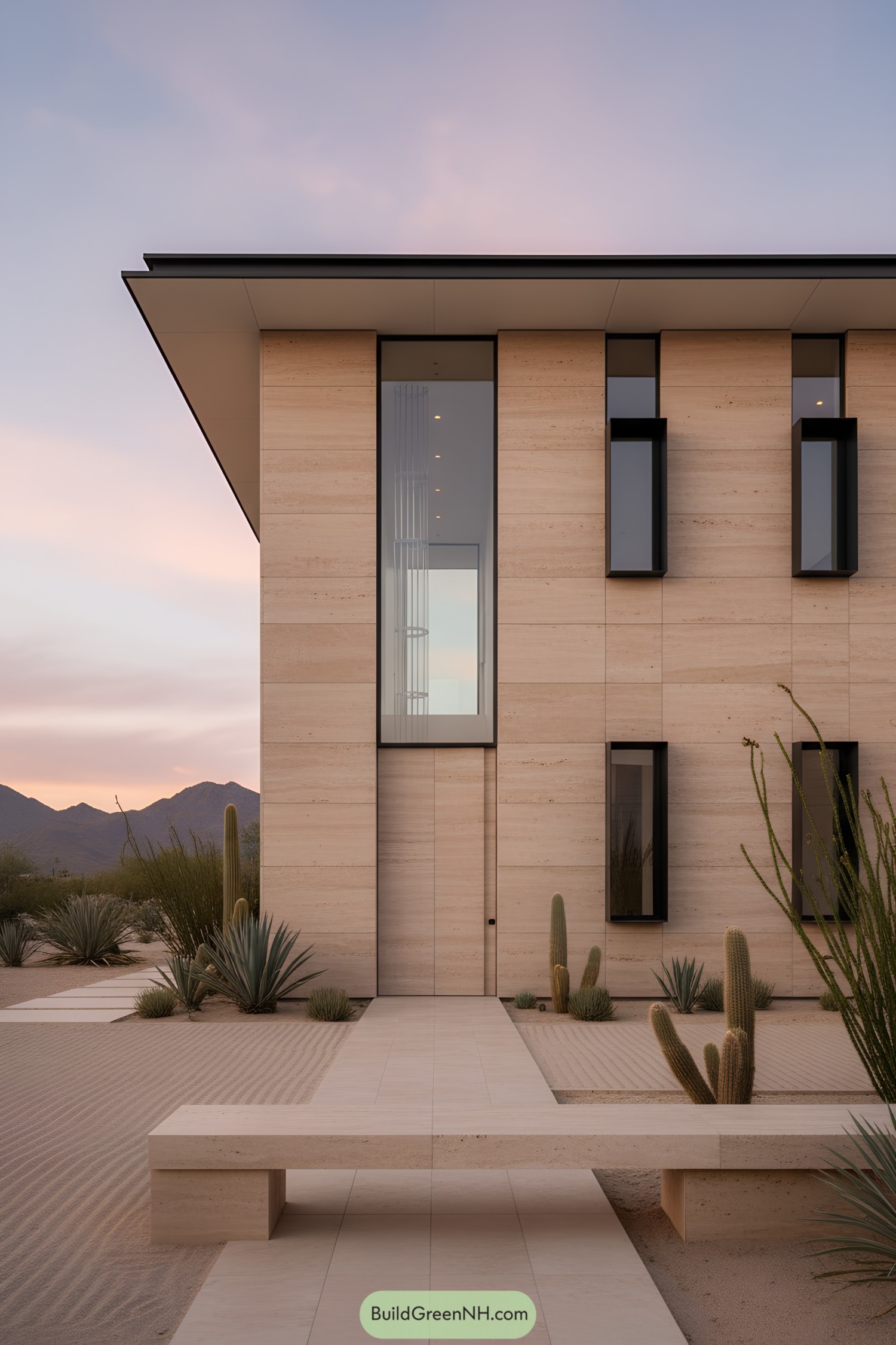 Minimalist desert home with tall glass atrium and narrow black-framed windows