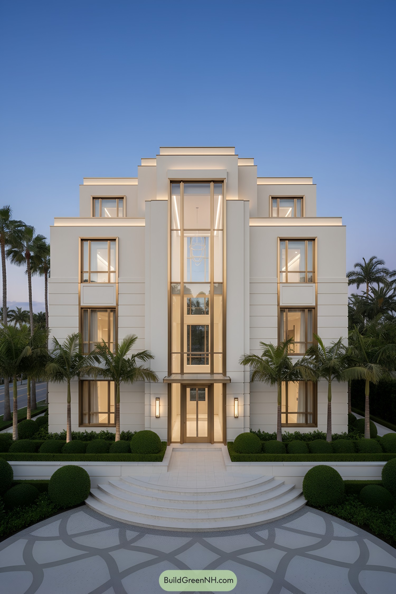Tall central glass atrium on tiered modern facade at dusk