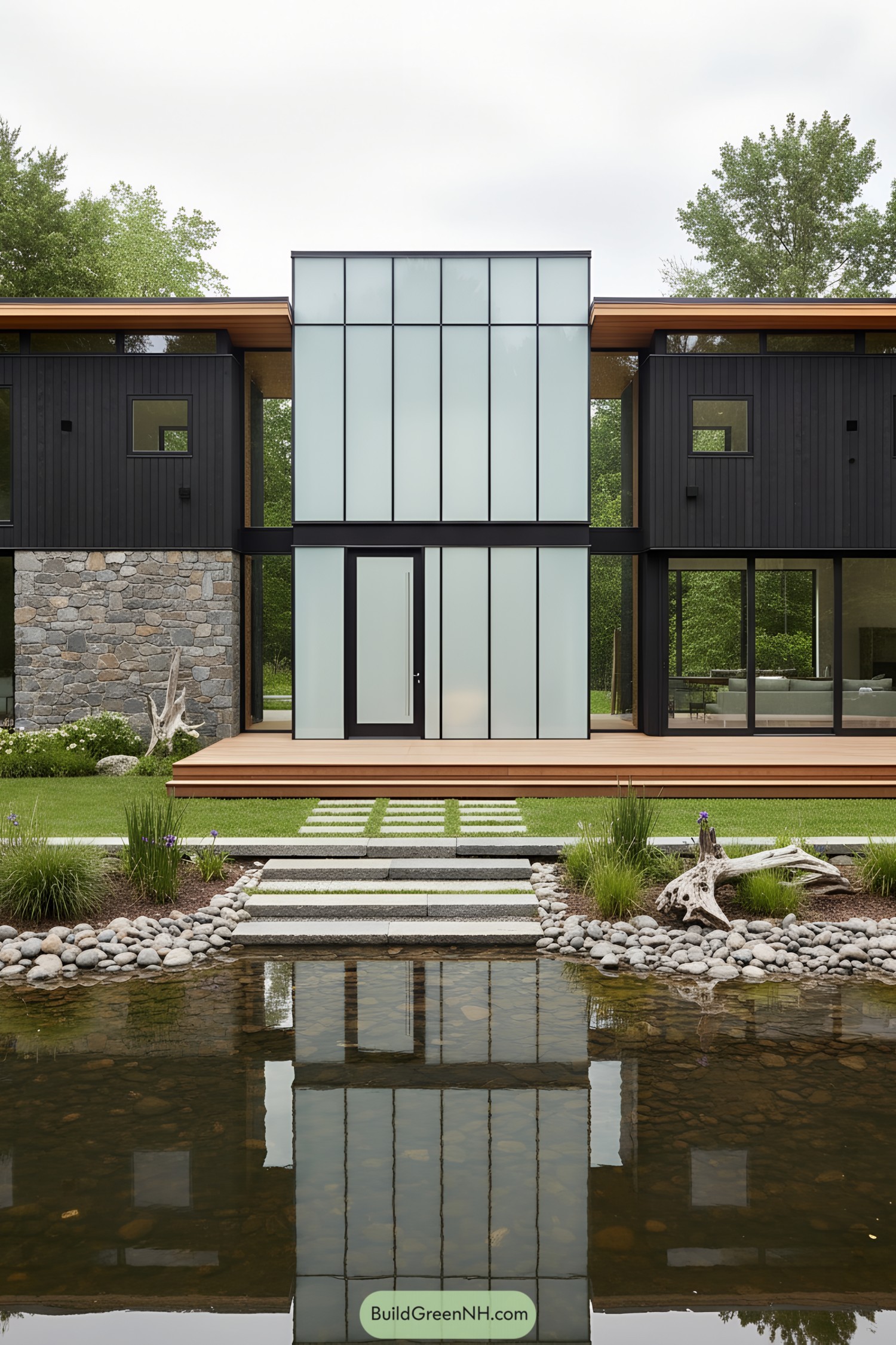 Modern house with frosted glass atrium centered by a pond and stepping-stone path