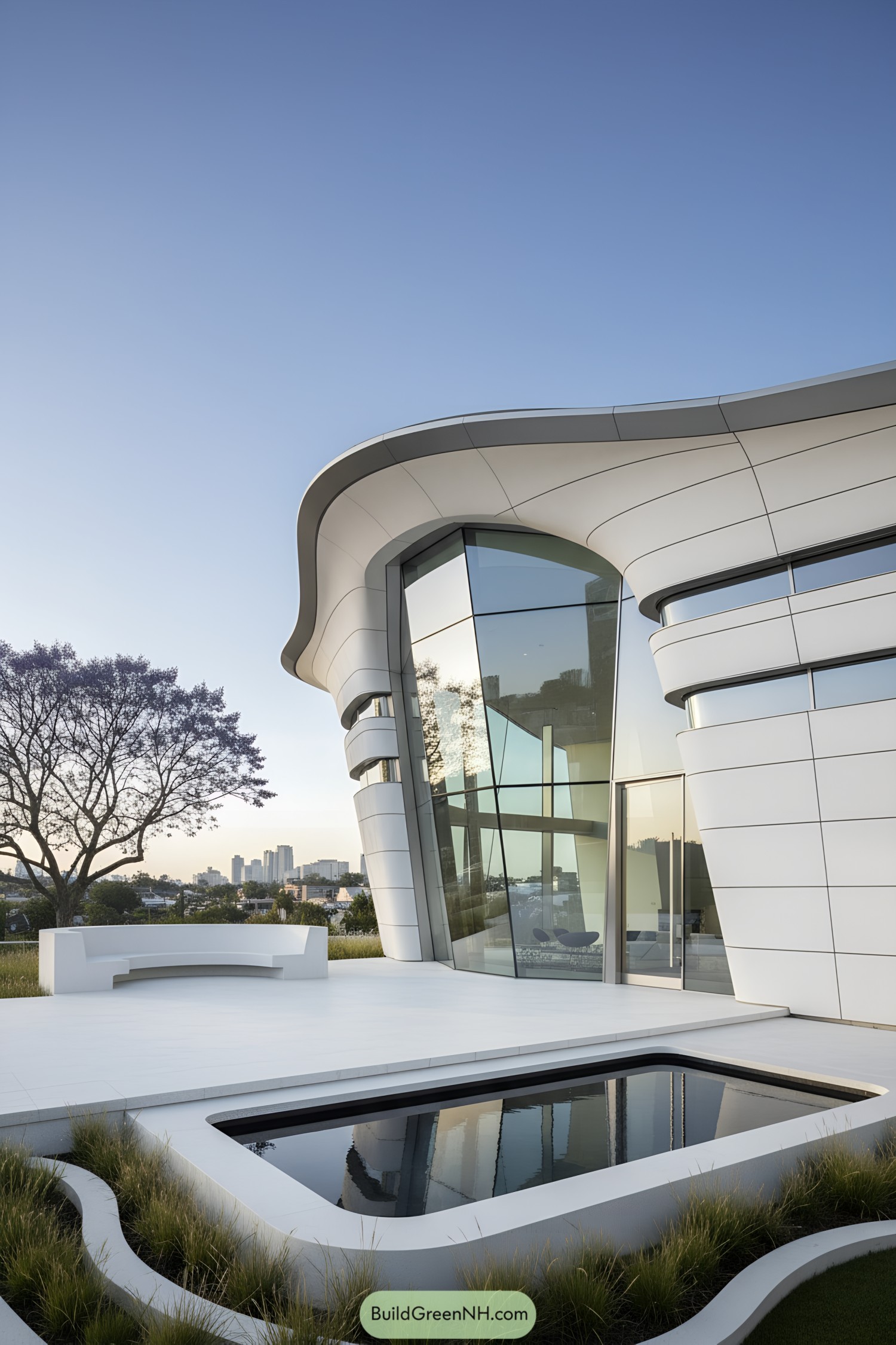 Curved white facade with tall glass atrium and reflecting pool