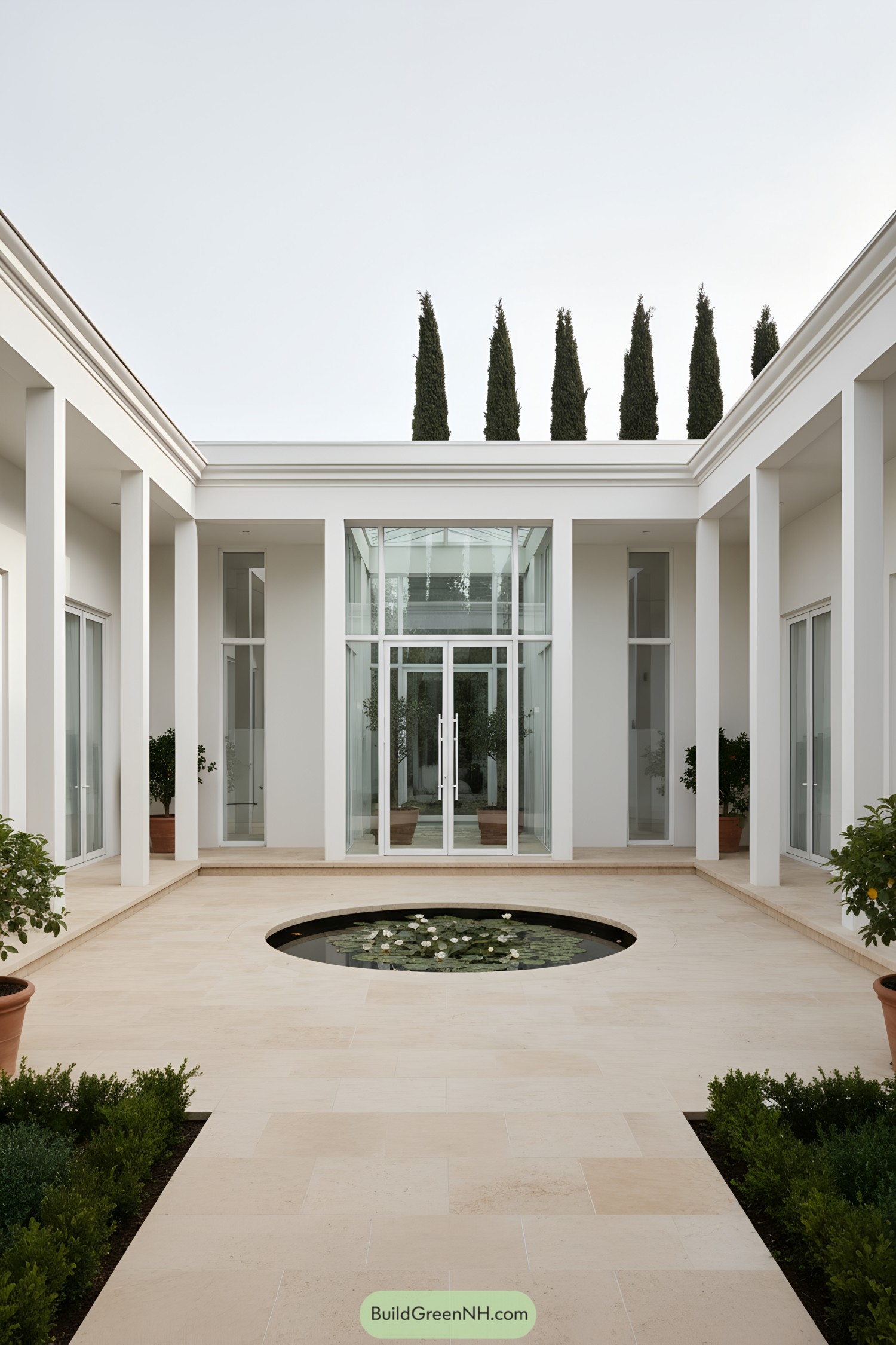 Minimal white courtyard with glass atrium and round lily pond