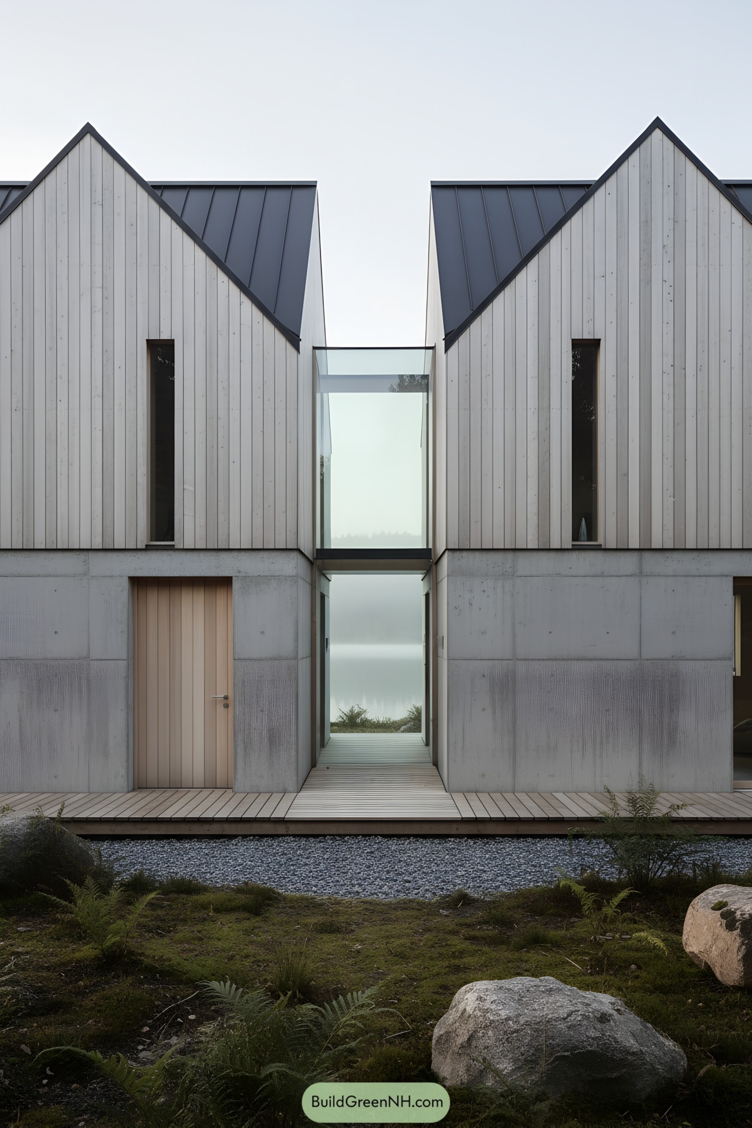 Minimalist twin volumes linked by glass atrium