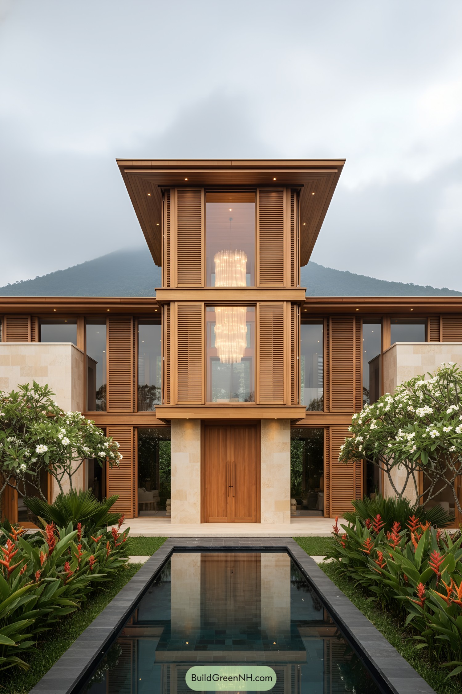 Warm wood facade with central glass atrium and reflecting pool