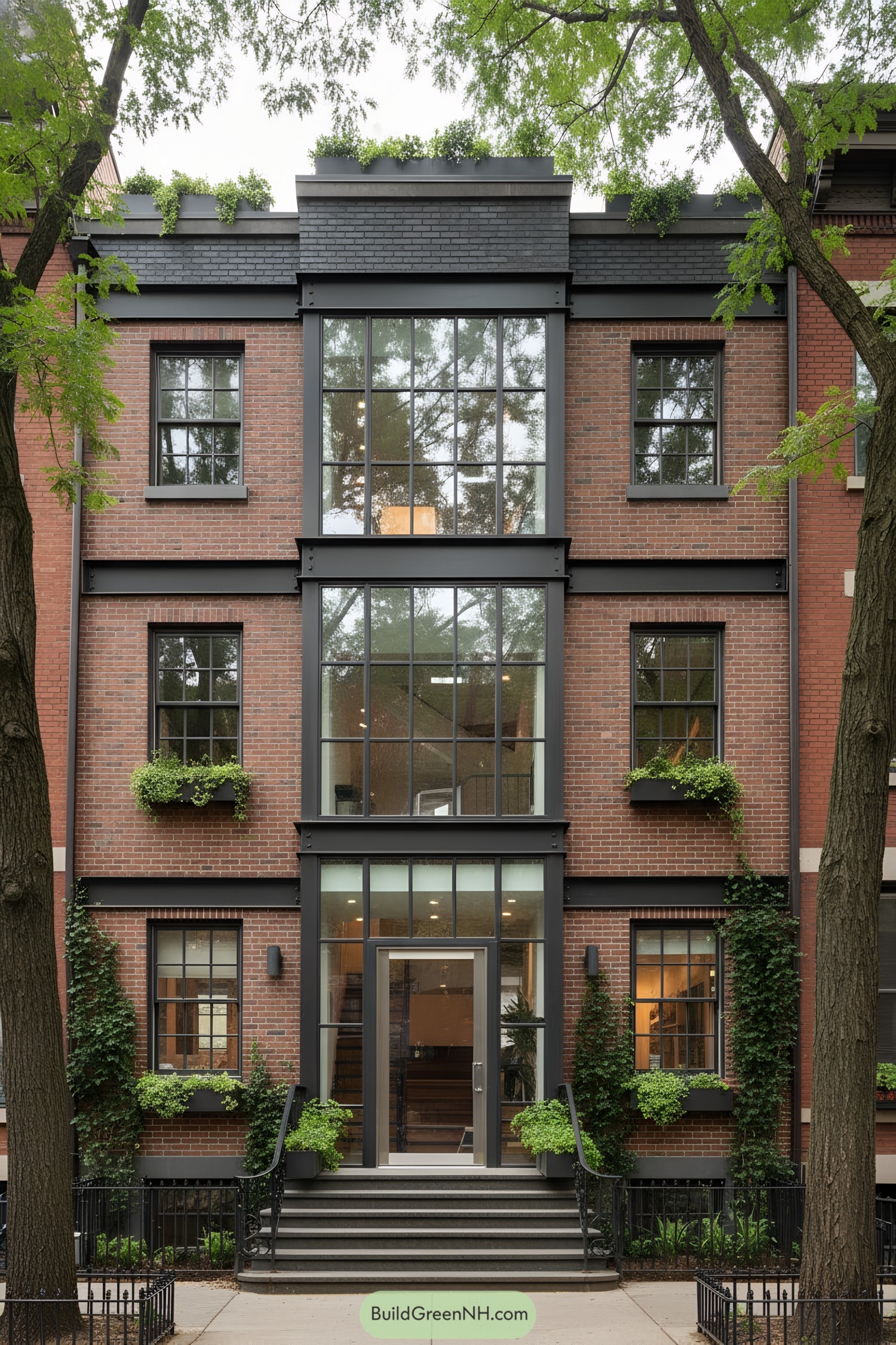 Brick townhouse with central glass atrium and planters