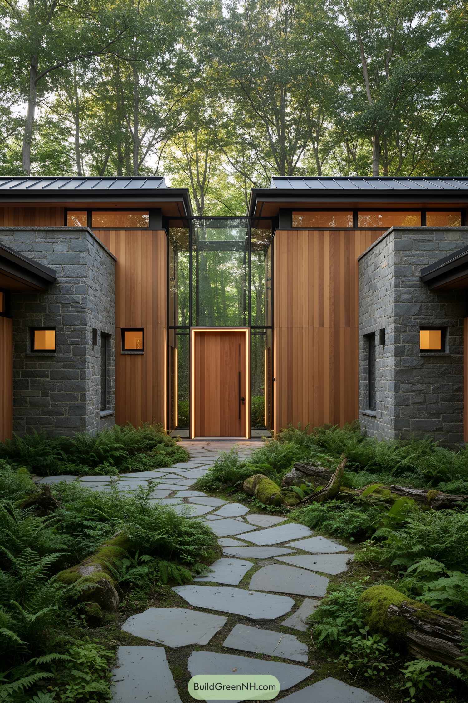 Modern house with glass atrium linking cedar and stone wings amid ferns