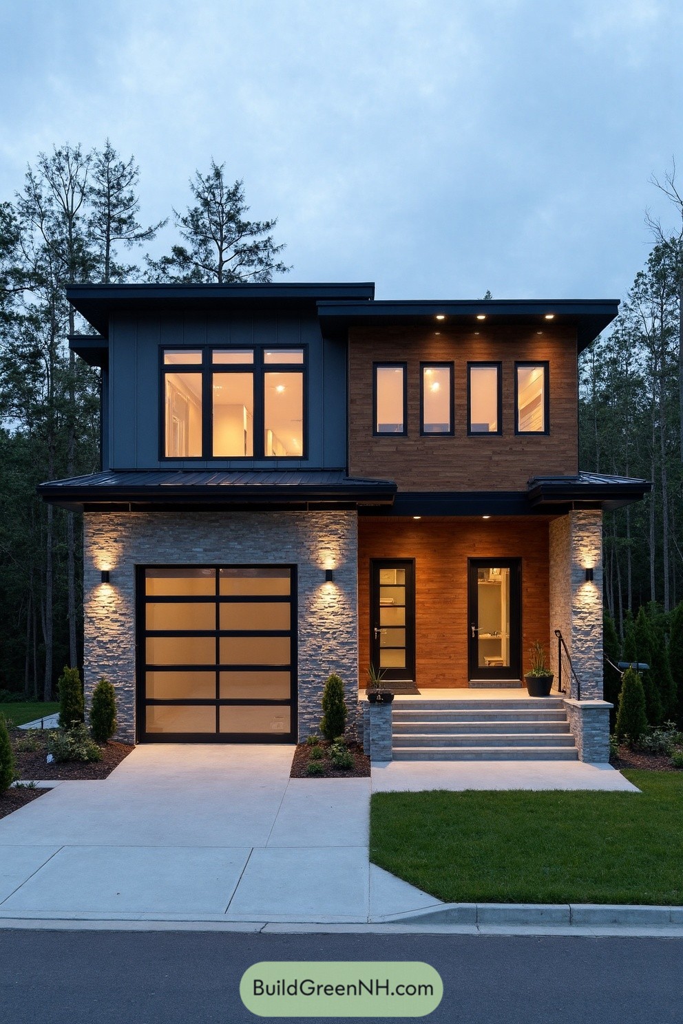 Two-story modern home with dark metal, warm wood siding, and stacked-stone accents, softly lit at dusk. Large grid garage door and slim black-framed windows create clean geometry