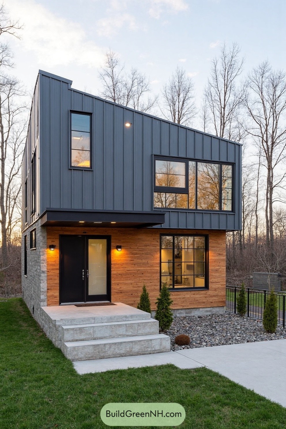 Modern two-story house with dark metal siding, cedar cladding, and large asymmetrical windows