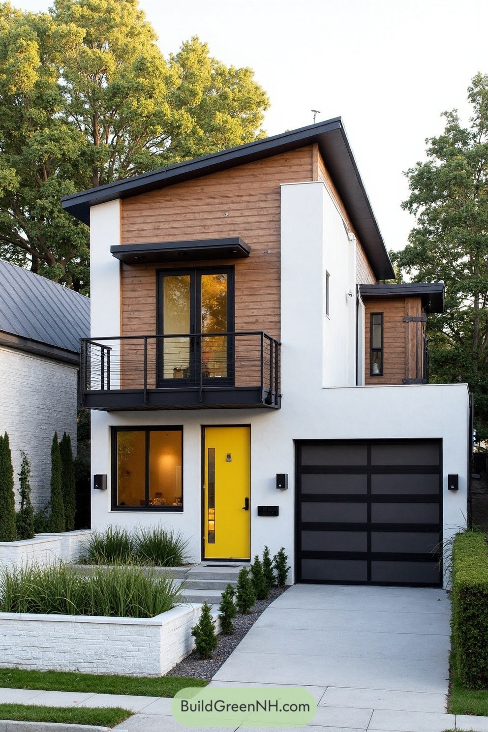 Modern two-story house with wood, white stucco, and a bright yellow door