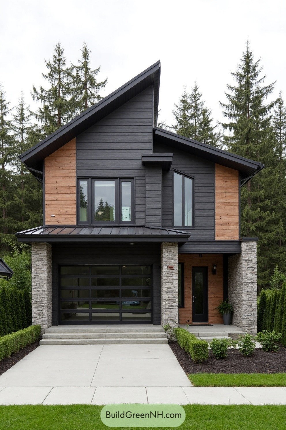 Modern gabled house with charcoal siding, warm wood accents, and stone pillars