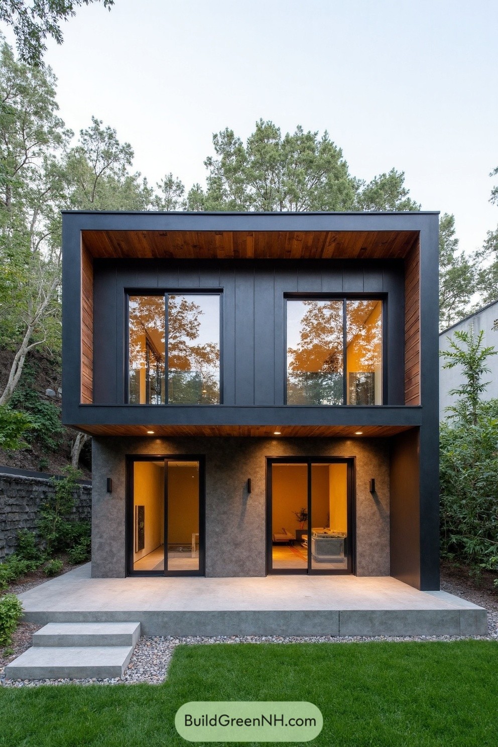 Two-story black box house with wood soffits and large sliding glass doors