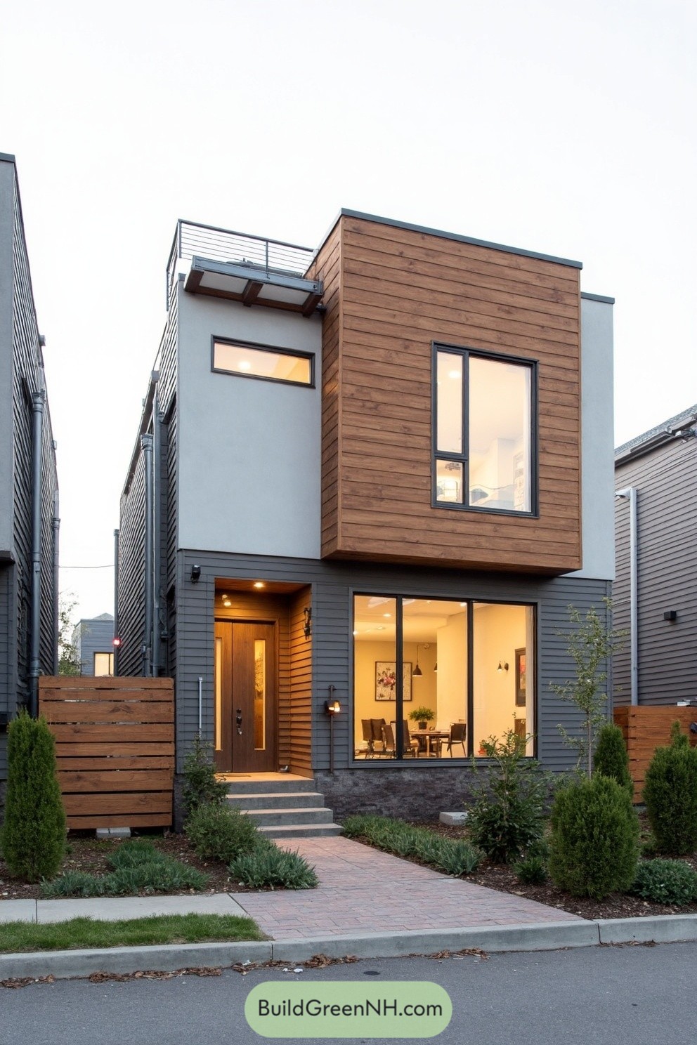 Modern narrow-lot house with cedar-clad cantilever, gray siding, and large street-facing windows