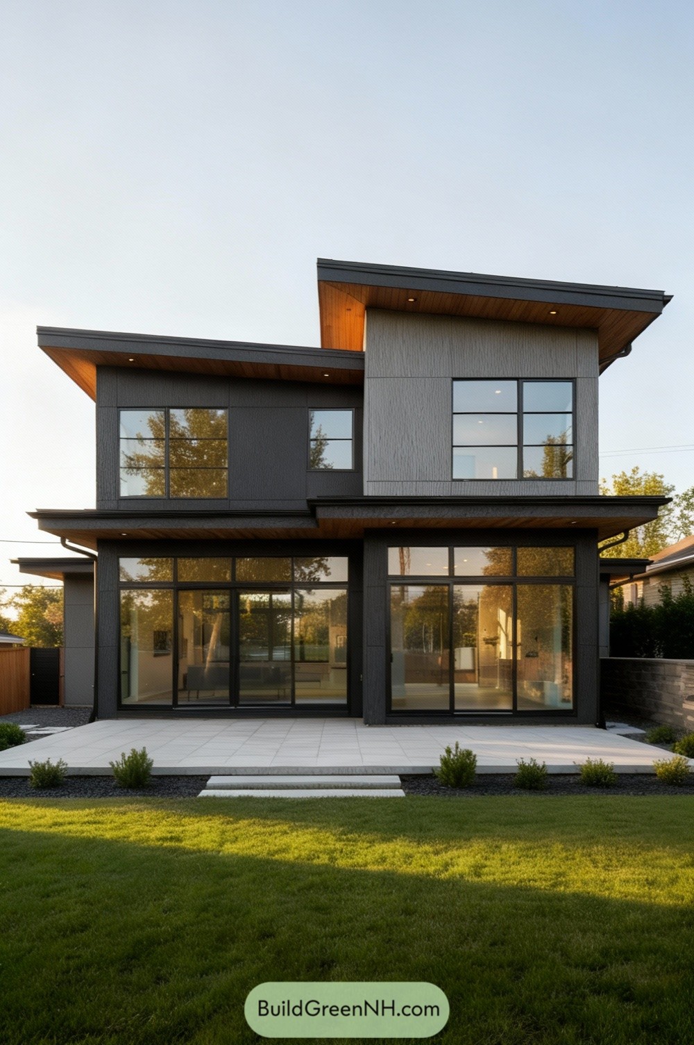 Two-story modern home with sloped roofs and expansive glass