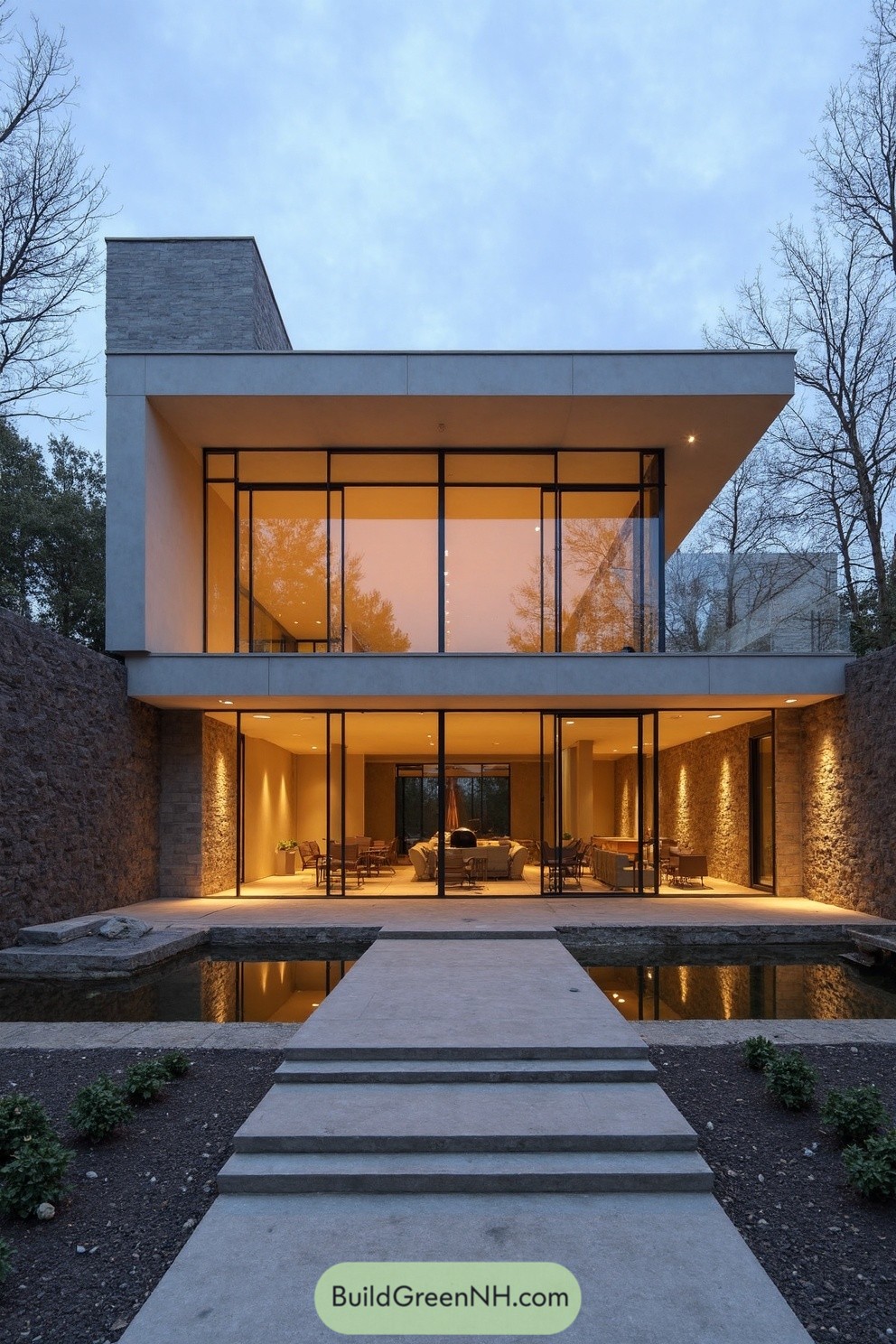 Two-story modern home with glass walls, floating rooflines, and a central walkway over reflecting pools. Warm interior lighting glows like a lantern between rugged stone side walls