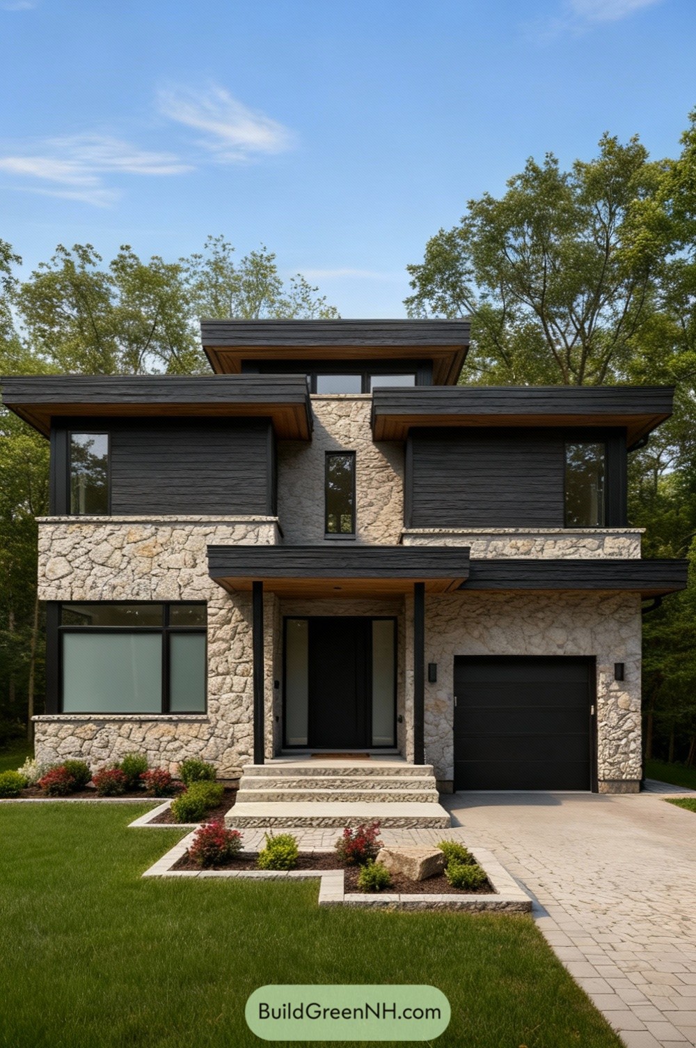 Modern stone-and-charcoal two-story house with tiered flat roofs and wood soffits