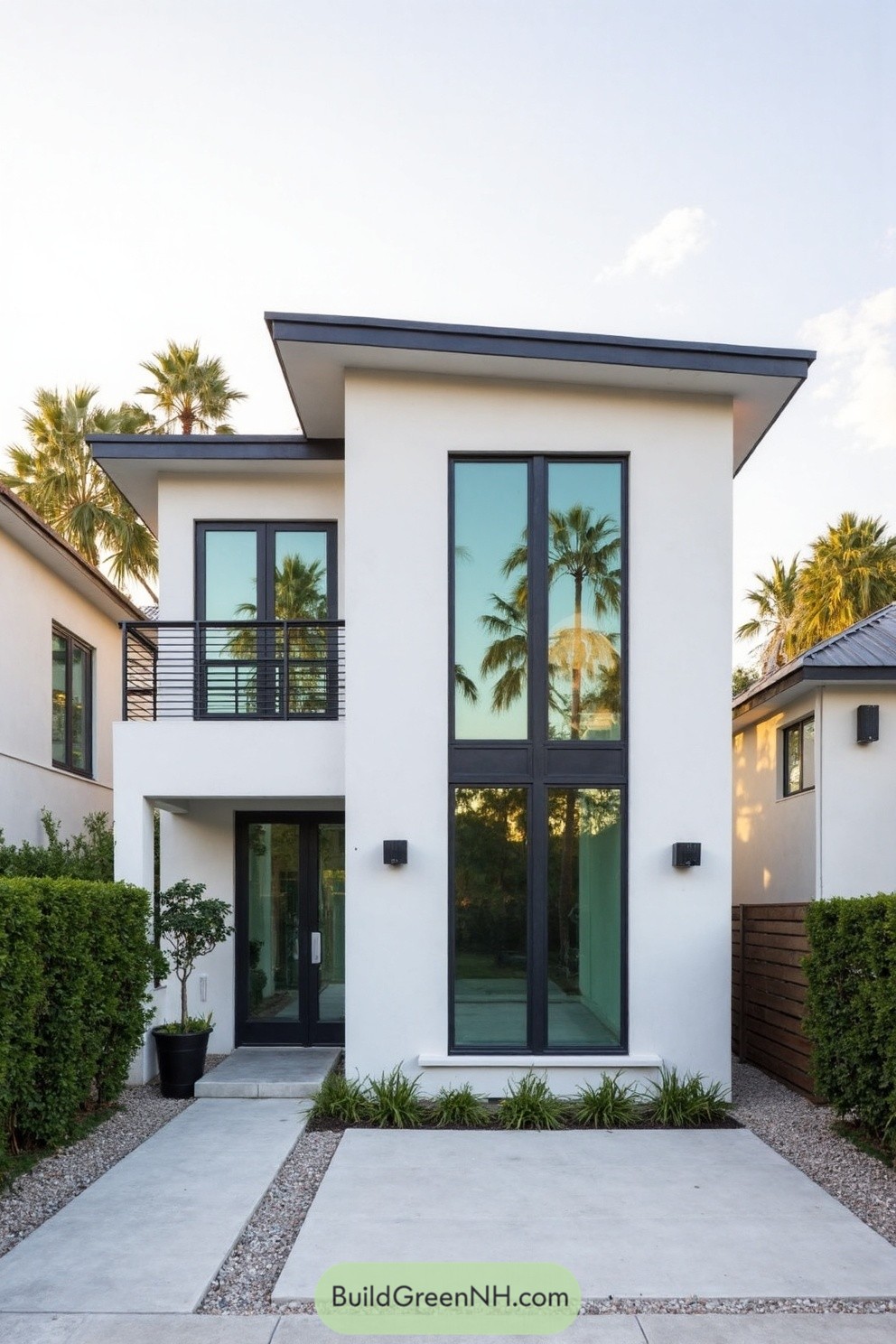 Modern two-story home with tall black-framed windows, white stucco, and slim balcony railing
