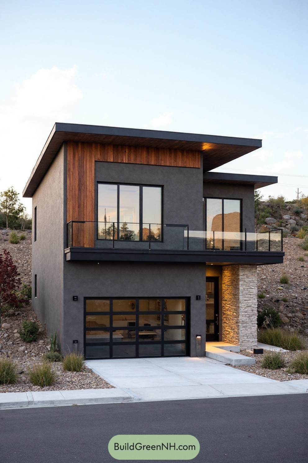 Two-story modern home with dark stucco, cedar accents, and glass-railed balcony on a sloped lot