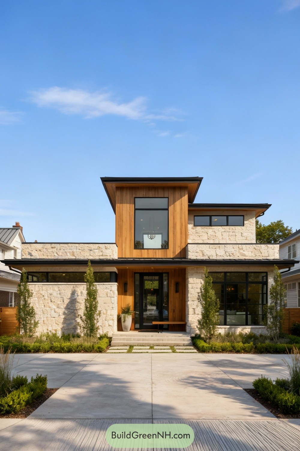 Modern home with stone and cedar facade