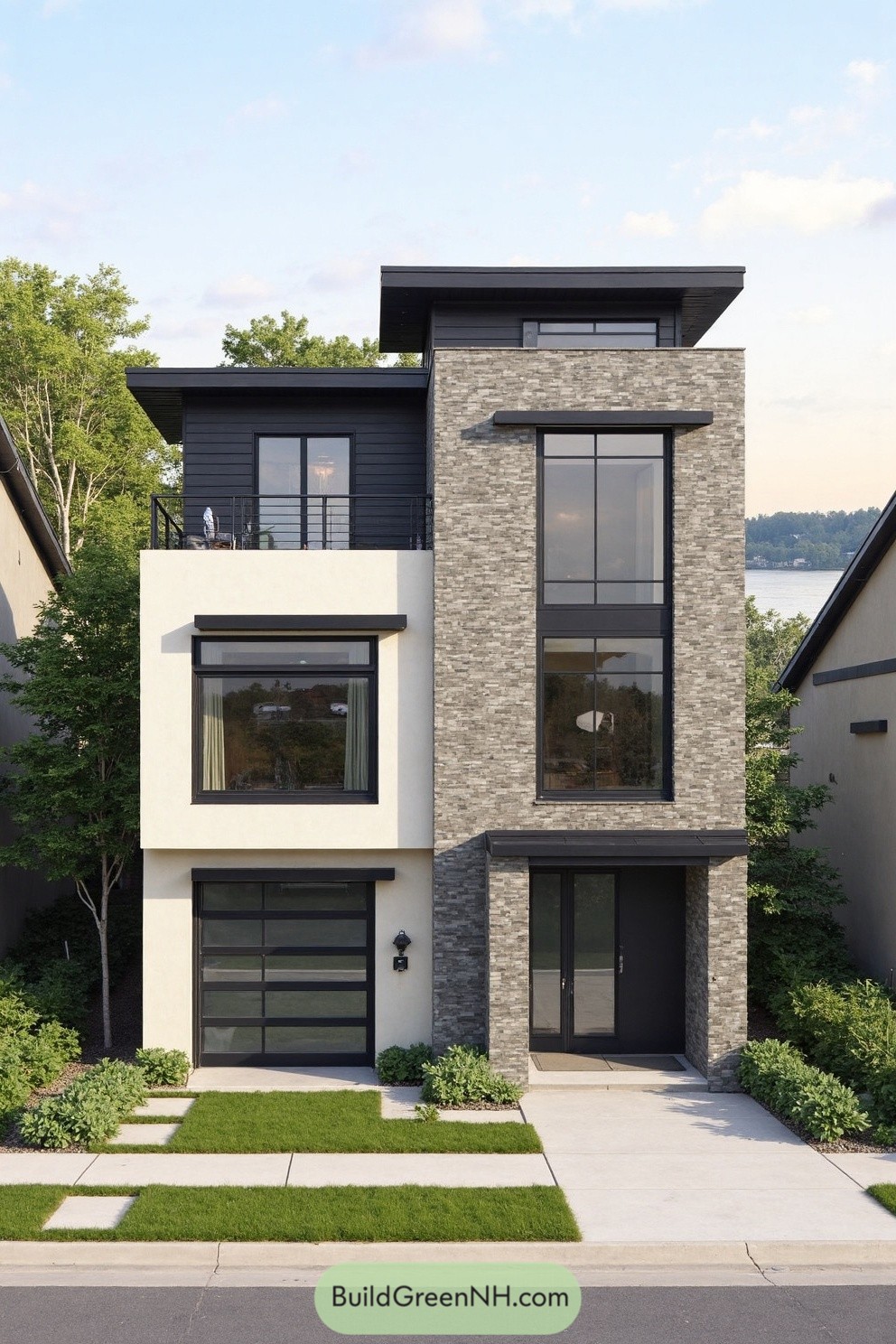 Three-story modern house with stacked volumes, brick and stucco cladding, large black-framed windows, and a slim balcony