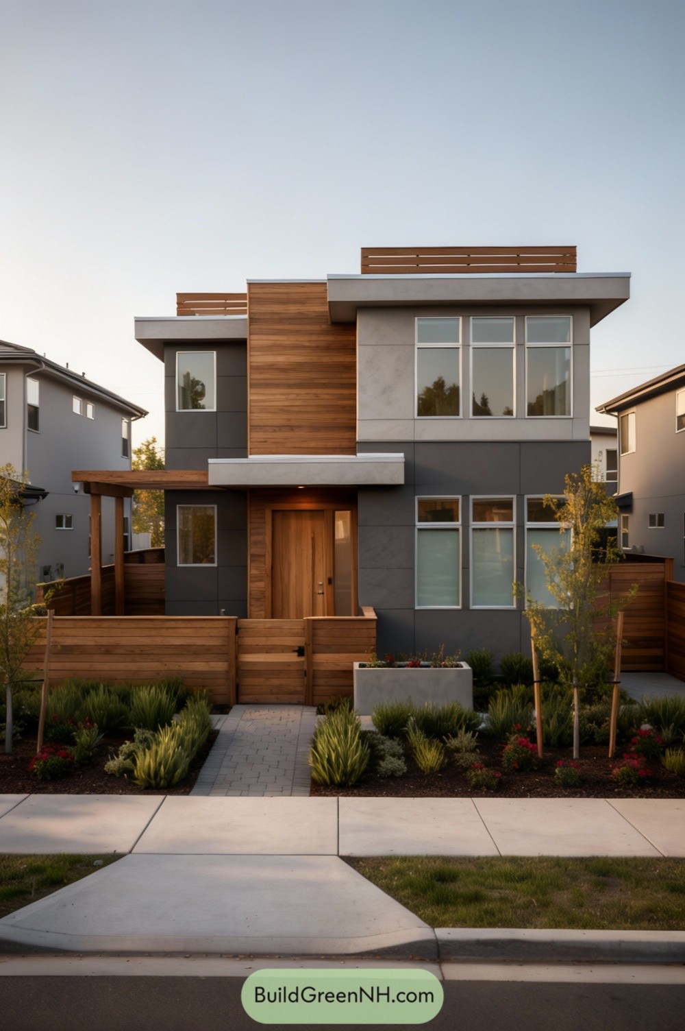 Modern two-story home with cedar cladding, gray panels, and a rooftop deck