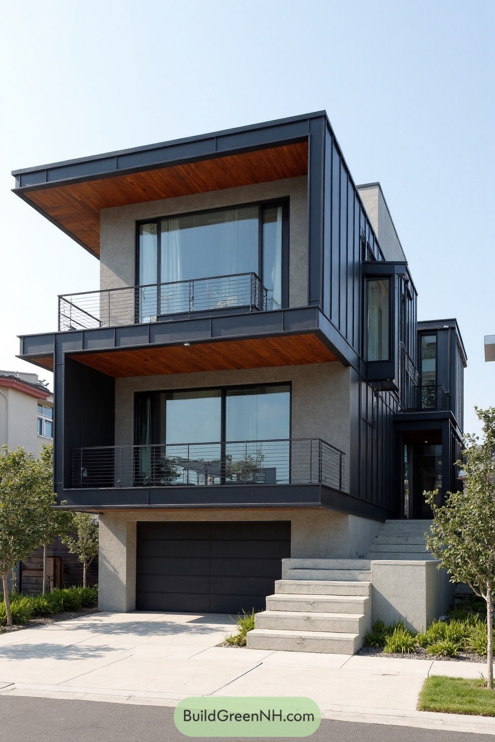 Three-story house with dark metal panels, large glass, and cantilevered balconies